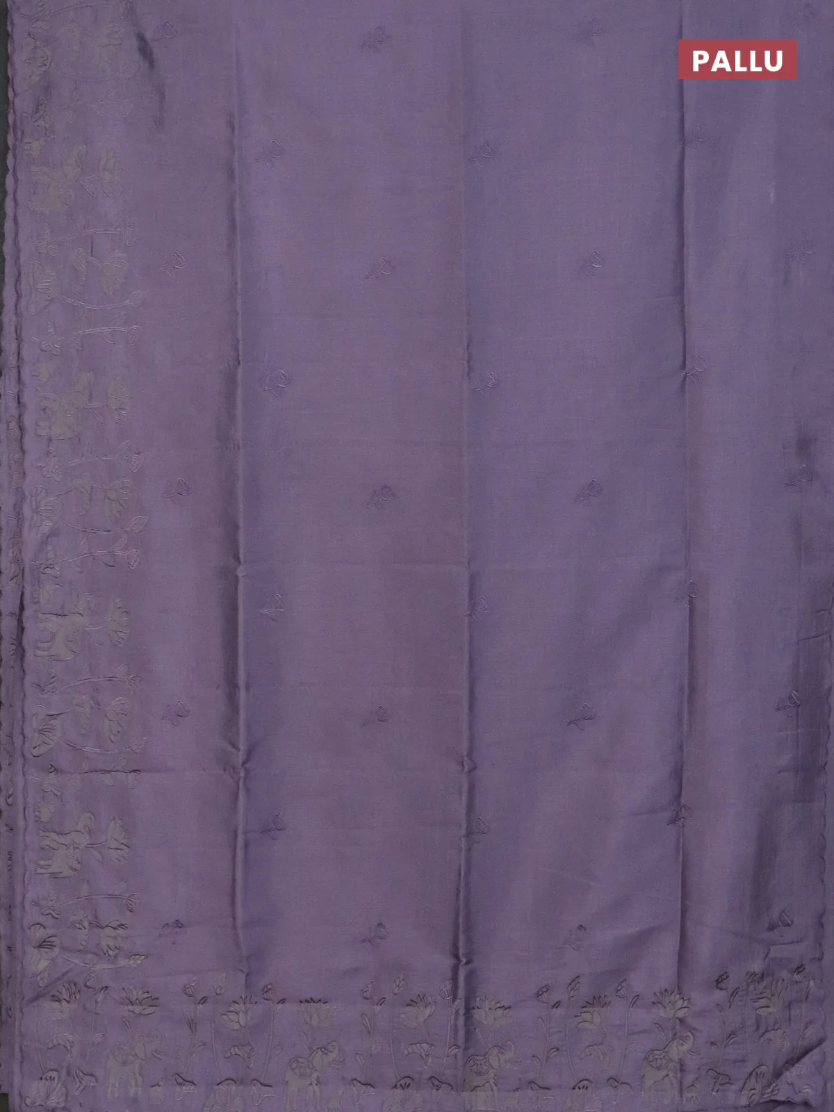 Semi tussar saree pastel lavender with floral embroidery work and applique work border - Image 3