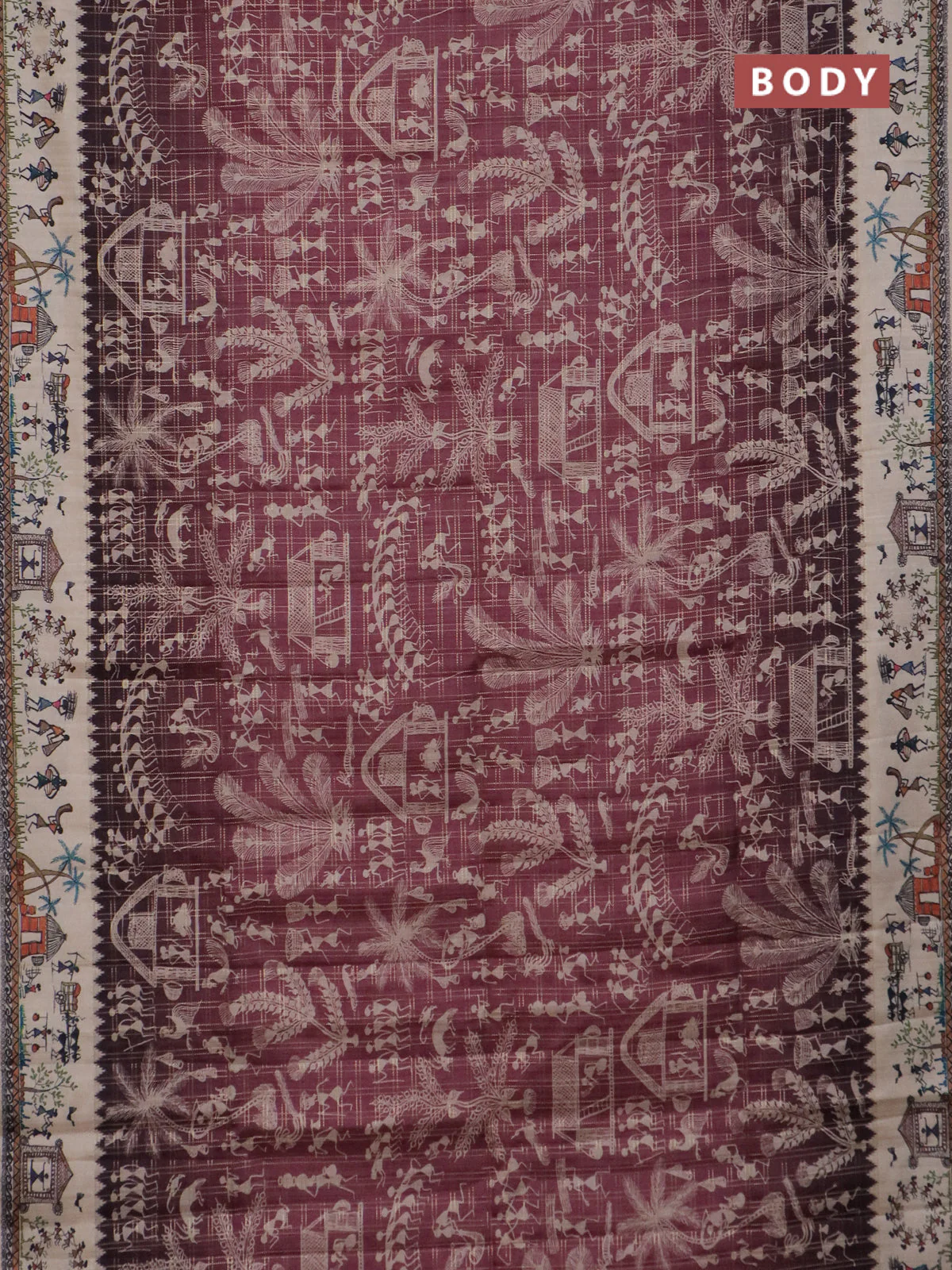 Semi tussar saree pastel maroon and cream with allover zari checks & warli prints  and printed border - Image 2