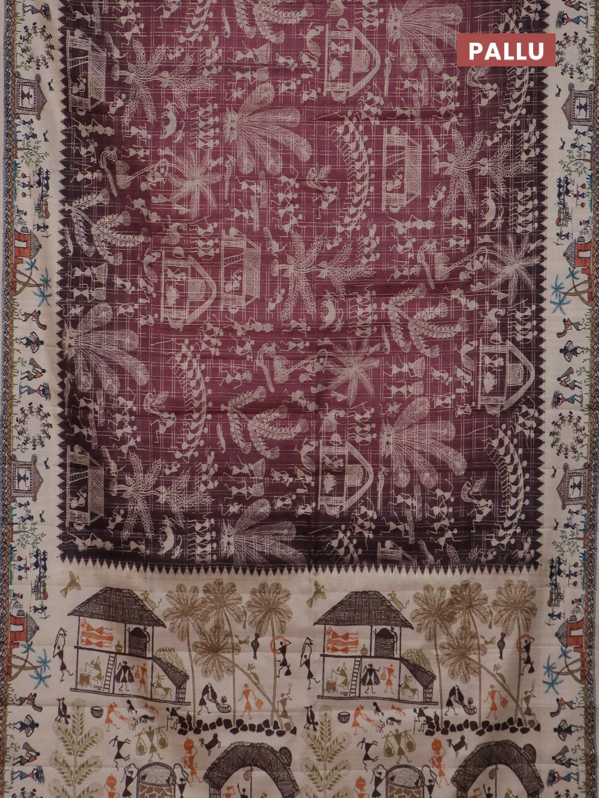 Semi tussar saree pastel maroon and cream with allover zari checks & warli prints  and printed border - Image 3
