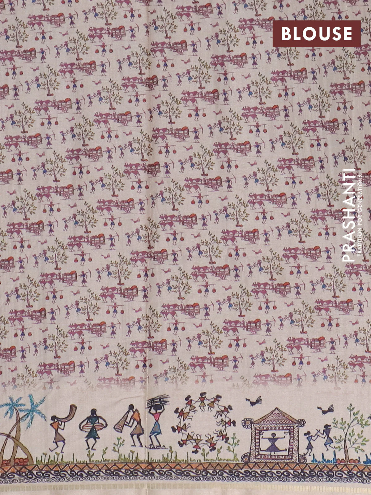 Semi tussar saree pastel maroon and cream with allover zari checks & warli prints  and printed border - Image 4