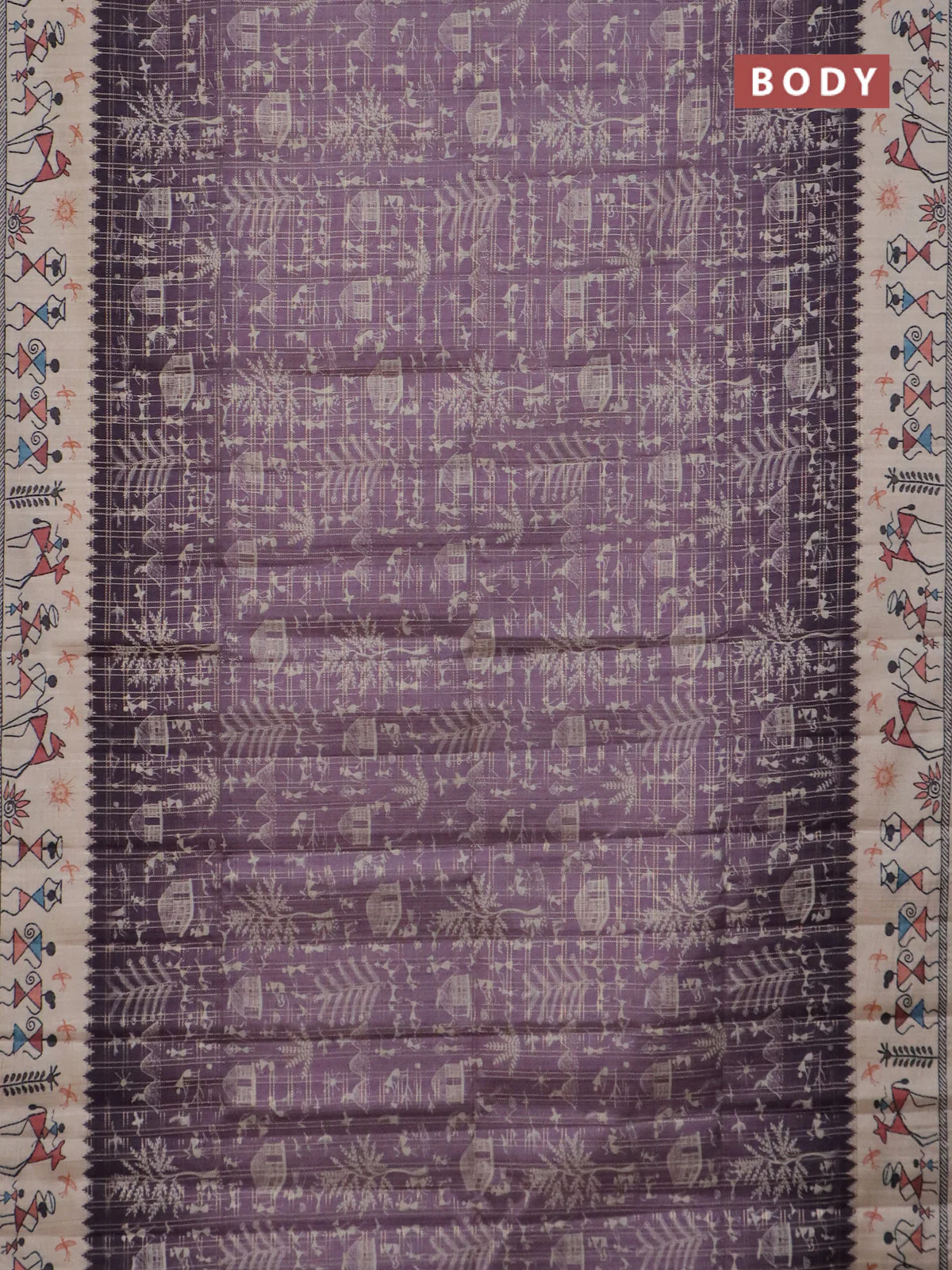 Semi tussar saree lavender shade and cream with allover zari checks & warli prints  and printed border - Image 2
