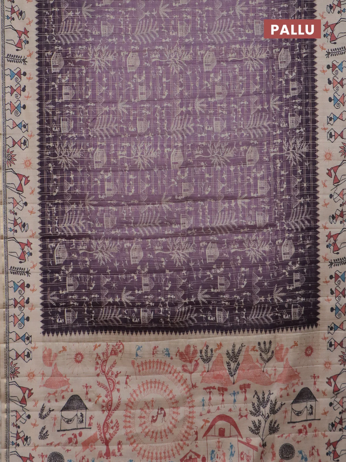 Semi tussar saree lavender shade and cream with allover zari checks & warli prints  and printed border - Image 3