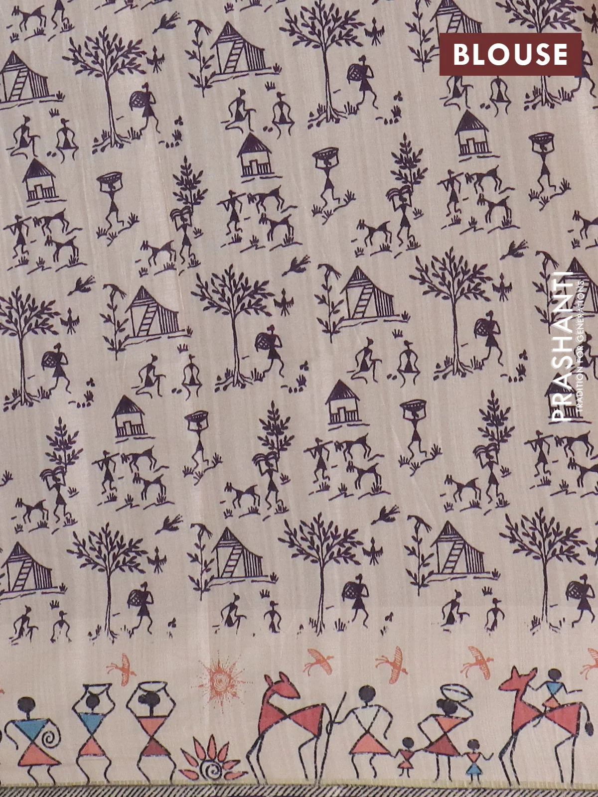 Semi tussar saree lavender shade and cream with allover zari checks & warli prints  and printed border - Image 4