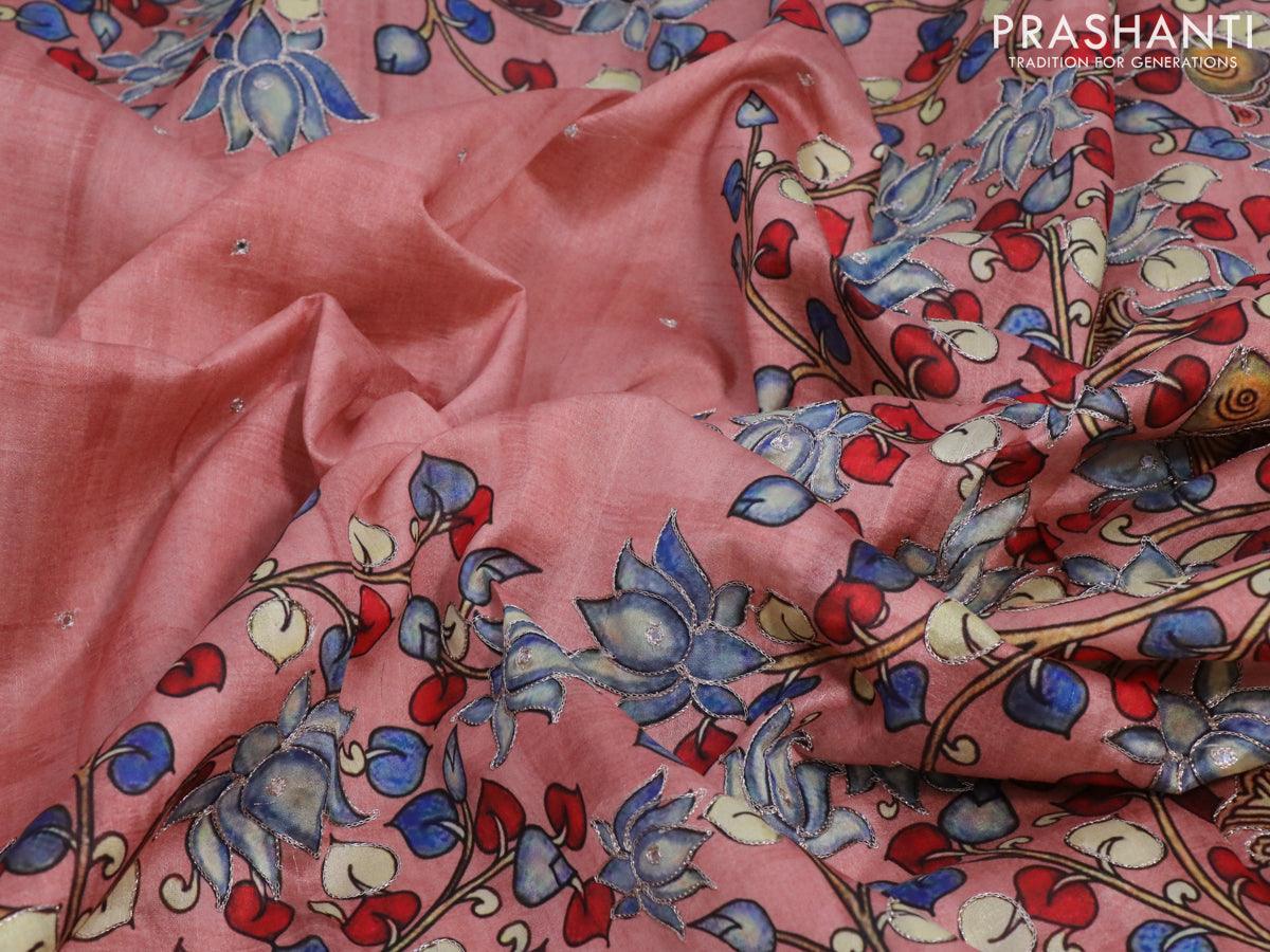 Semi tussar saree pastel peach and brown with kalamkari prints & mirror embroidery work and vidarbha style border - Image 3