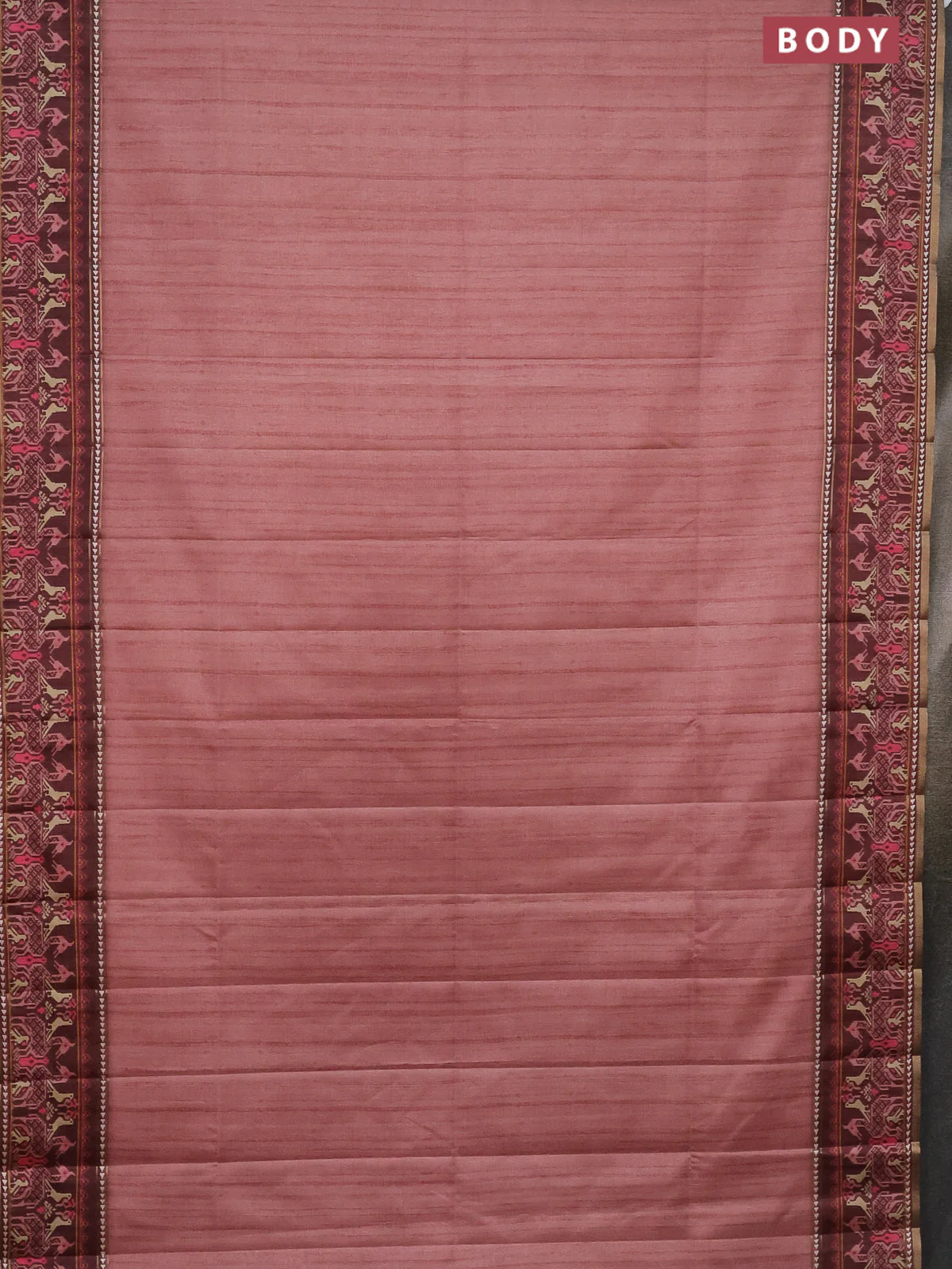 Semi tussar saree pastel peach and brown with plain body and patola printed border - Image 2