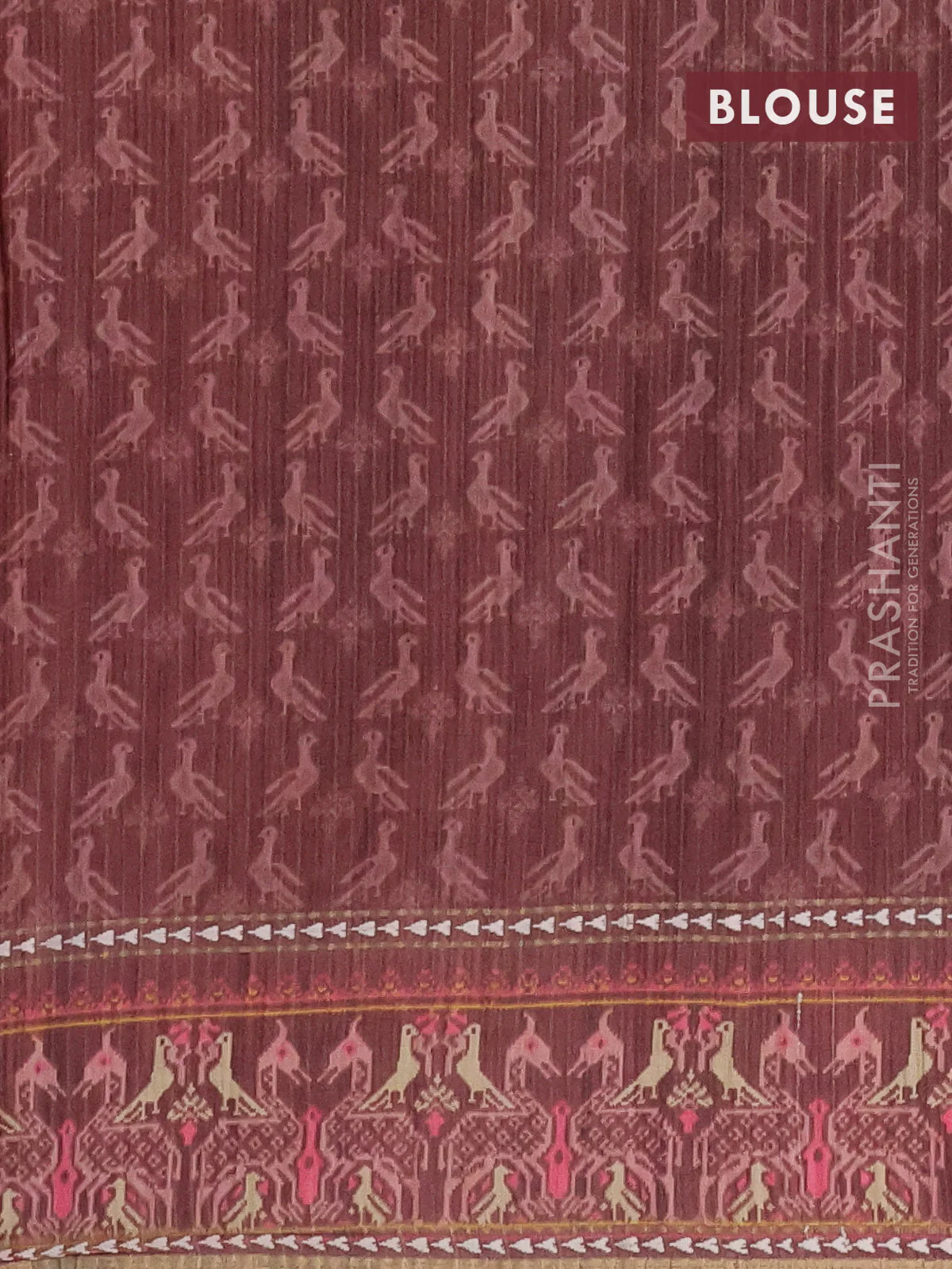 Semi tussar saree pastel peach and brown with plain body and patola printed border - Image 4