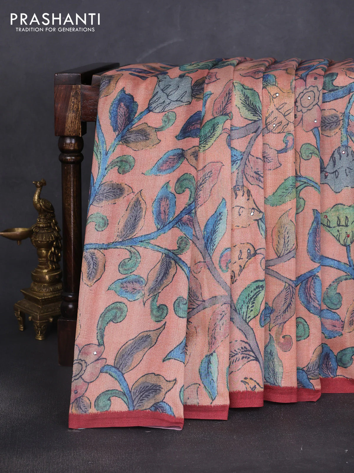 Semi tussar saree pastel peach and maroon with allover kalamkari prints and mirror work - Image 2