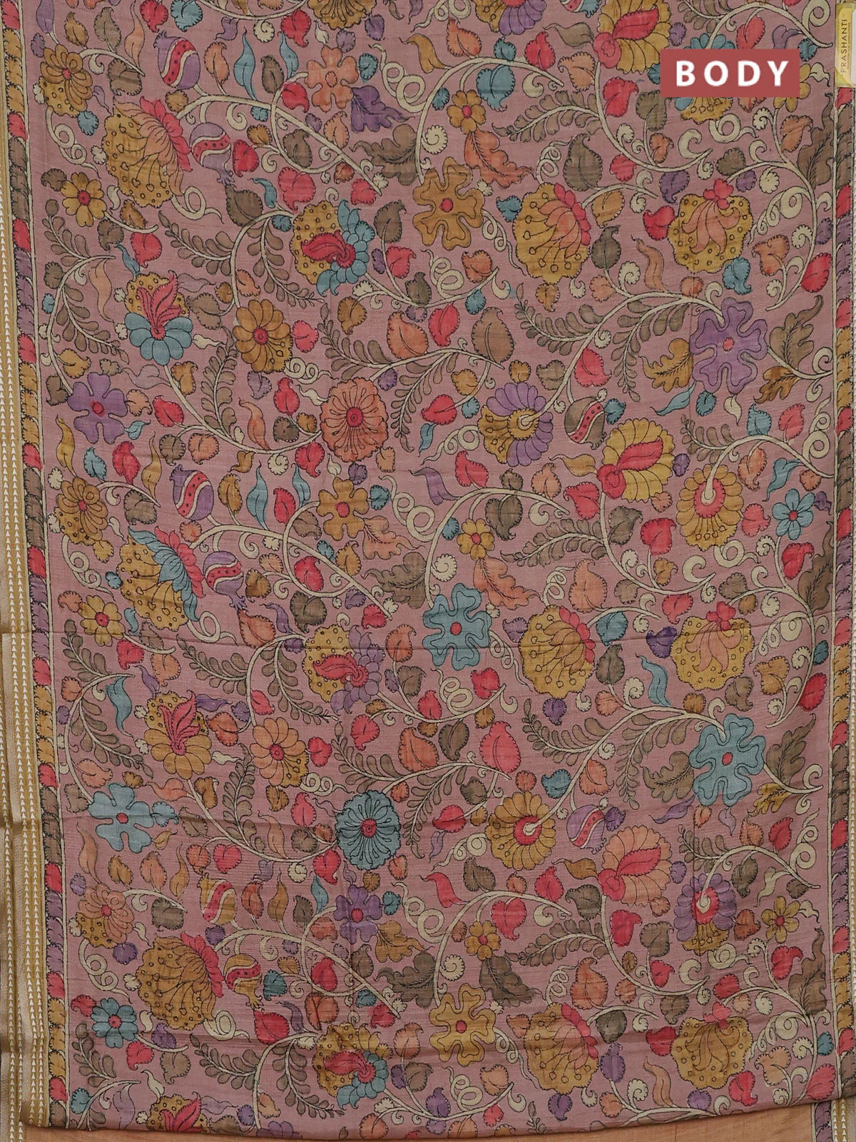 Semi tussar saree pastel peach and mustard yellow with allover kalamkari prints and printed border - Image 2