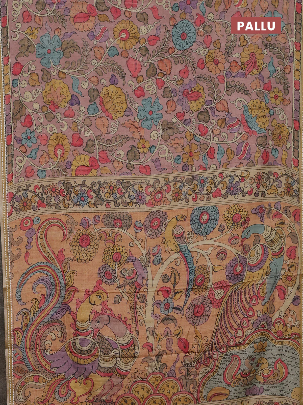 Semi tussar saree pastel peach and mustard yellow with allover kalamkari prints and printed border - Image 3
