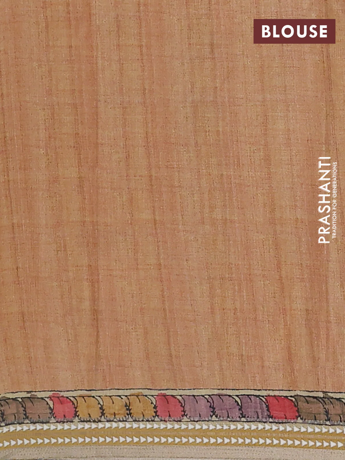 Semi tussar saree pastel peach and mustard yellow with allover kalamkari prints and printed border - Image 4