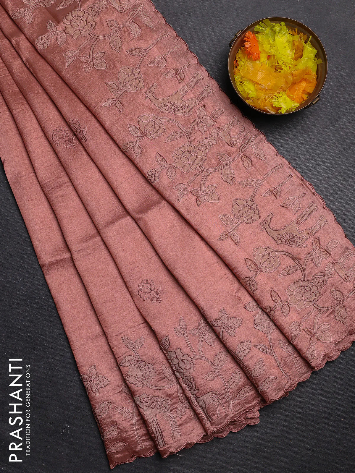 Semi tussar saree pastel peach with floral embroidery work and applique work border
