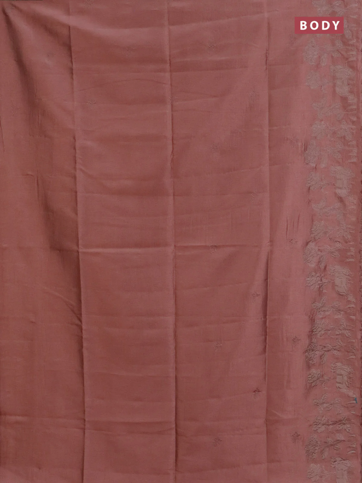 Semi tussar saree pastel peach with floral embroidery work and applique work border - Image 2