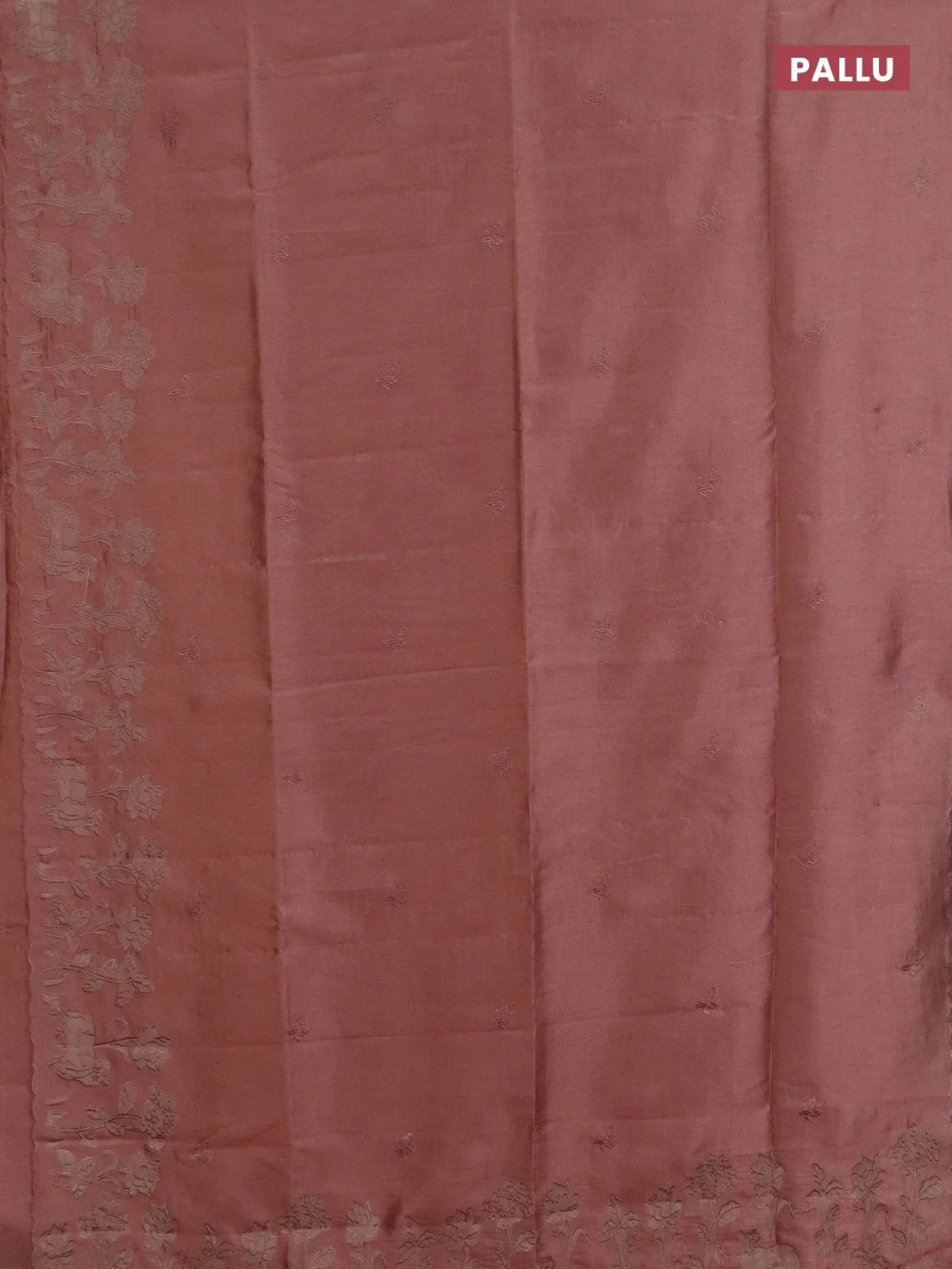 Semi tussar saree pastel peach with floral embroidery work and applique work border - Image 3