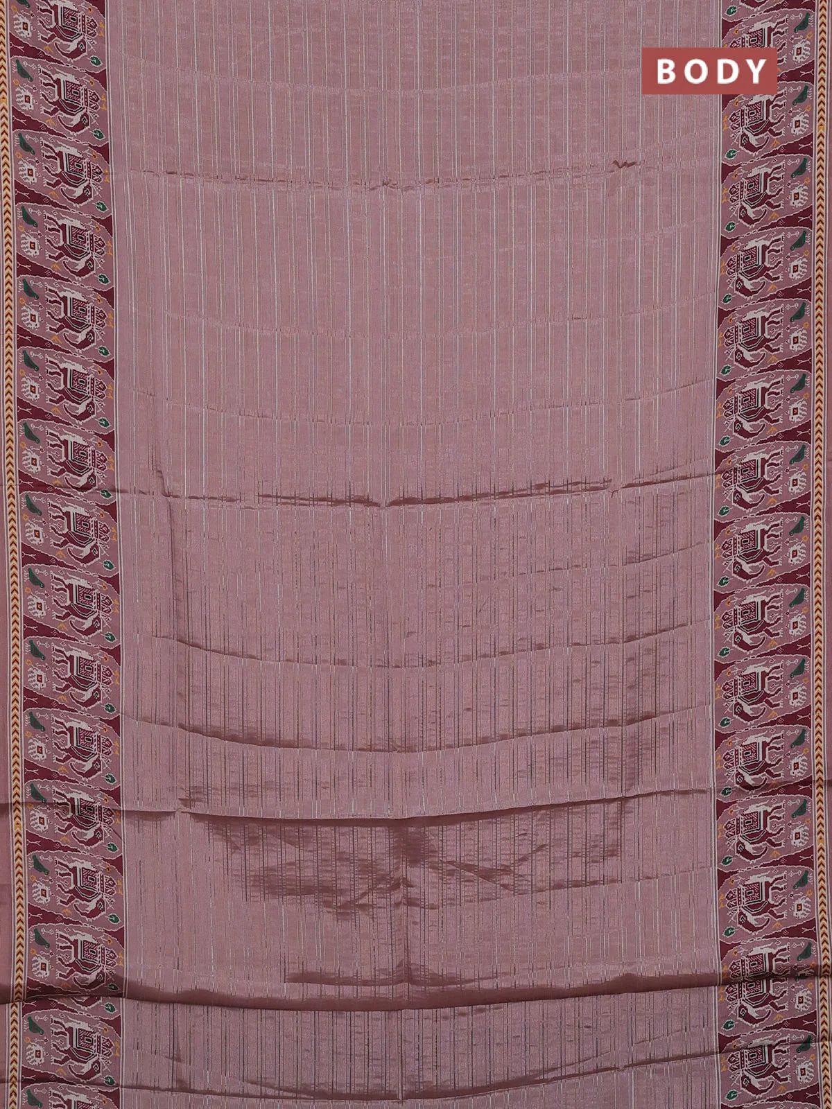 Semi tussar saree pastel peach with zari stripes pattern and patola printed border - Image 2