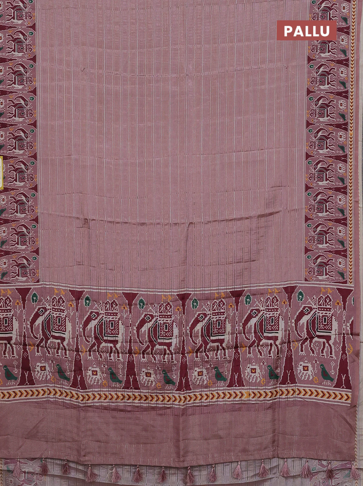Semi tussar saree pastel peach with zari stripes pattern and patola printed border - Image 3