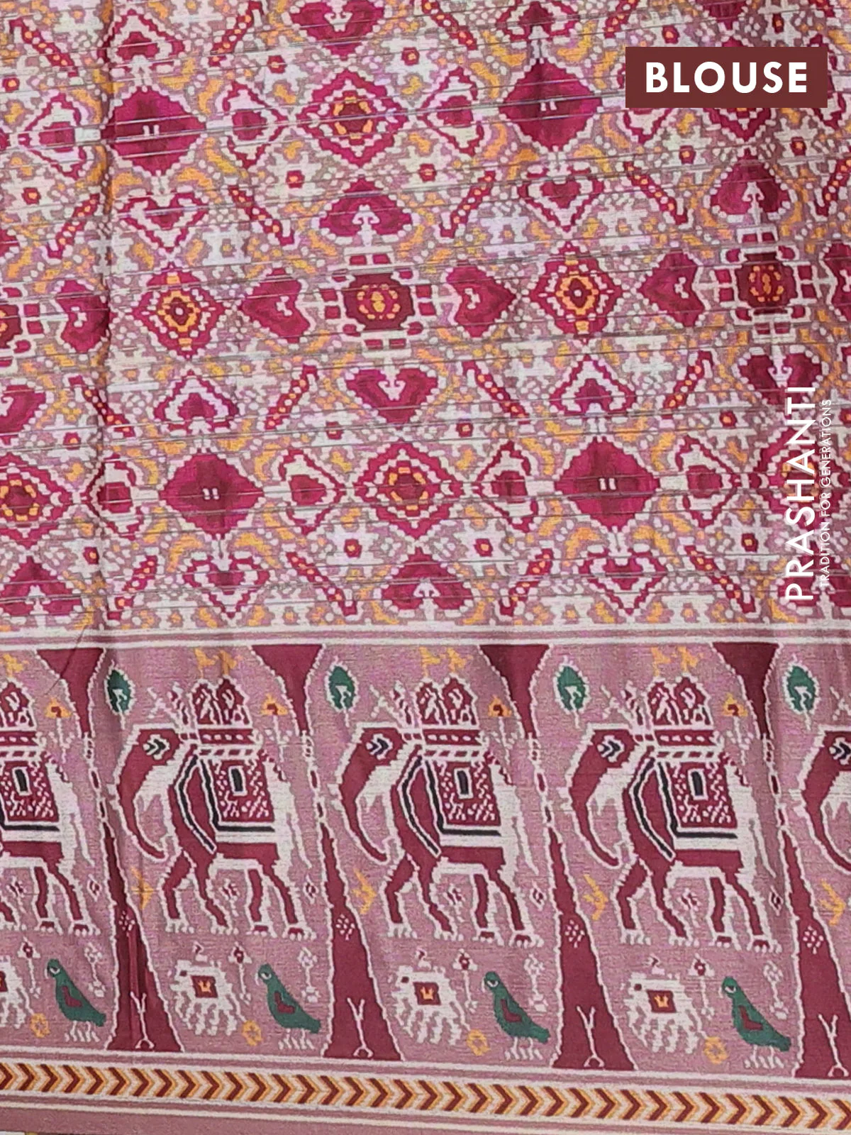 Semi tussar saree pastel peach with zari stripes pattern and patola printed border - Image 4