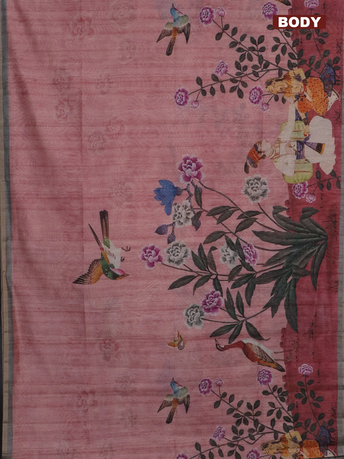 Semi tussar saree pastel pink and grey shade with allover prints and small zari woven border - Image 2