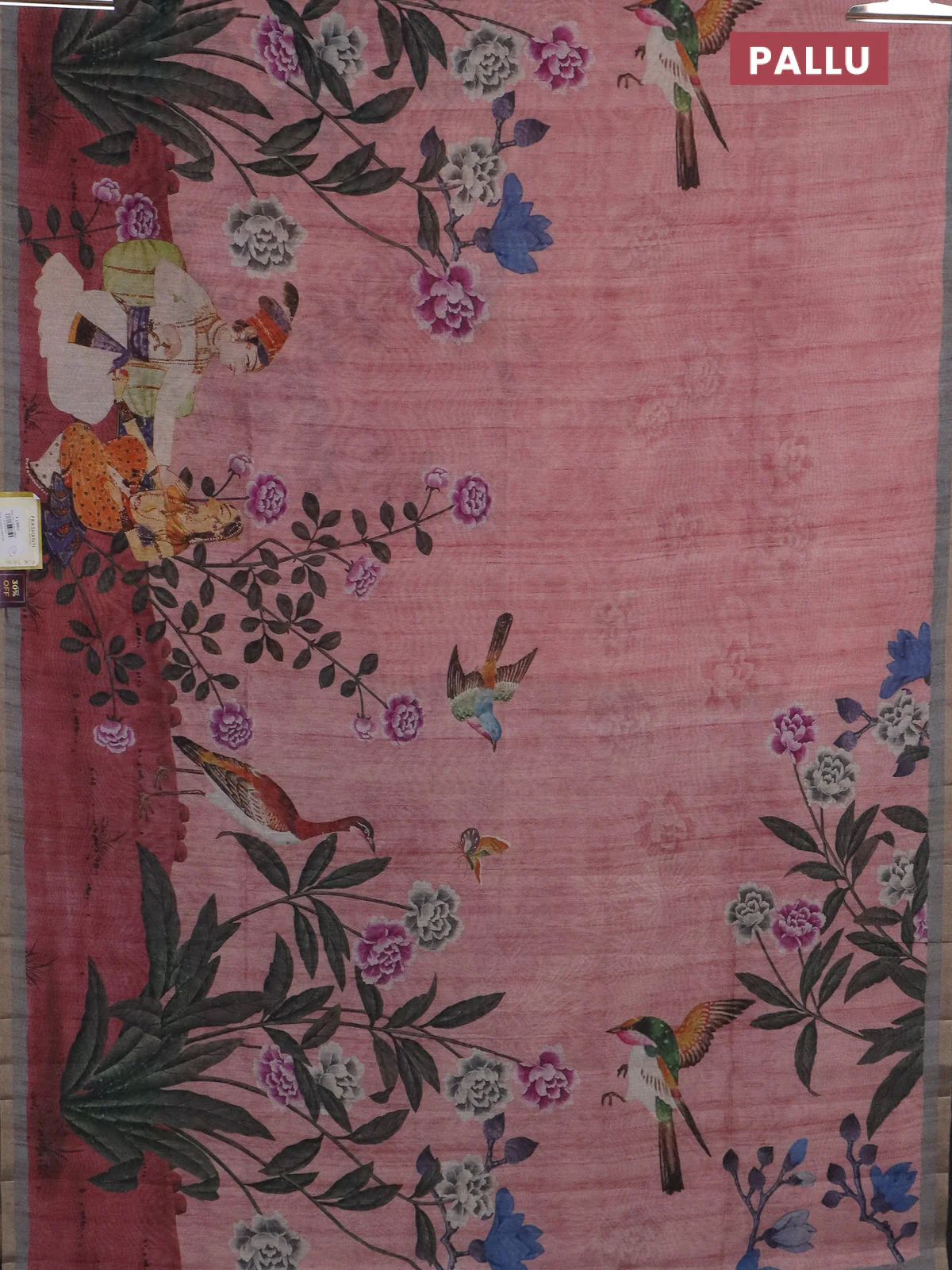 Semi tussar saree pastel pink and grey shade with allover prints and small zari woven border - Image 3