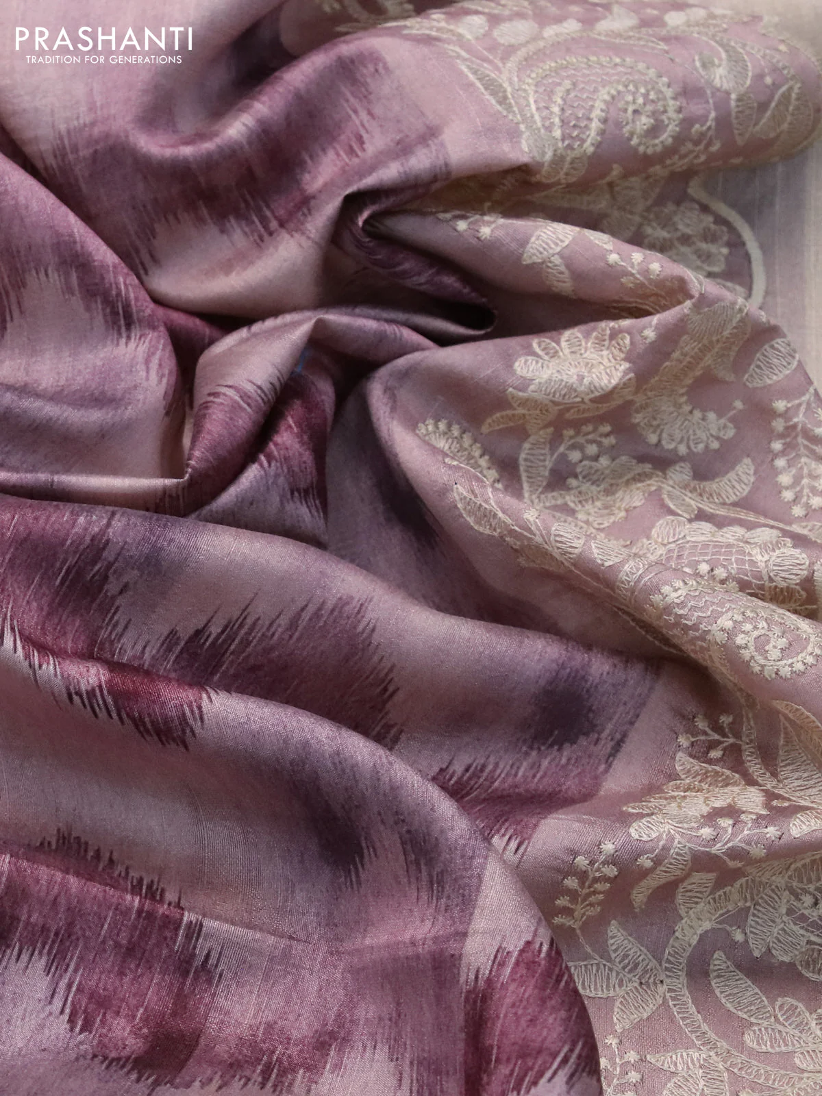 Semi tussar saree pastel pink with allover zig zag digital prints and chikankari work border - Image 3