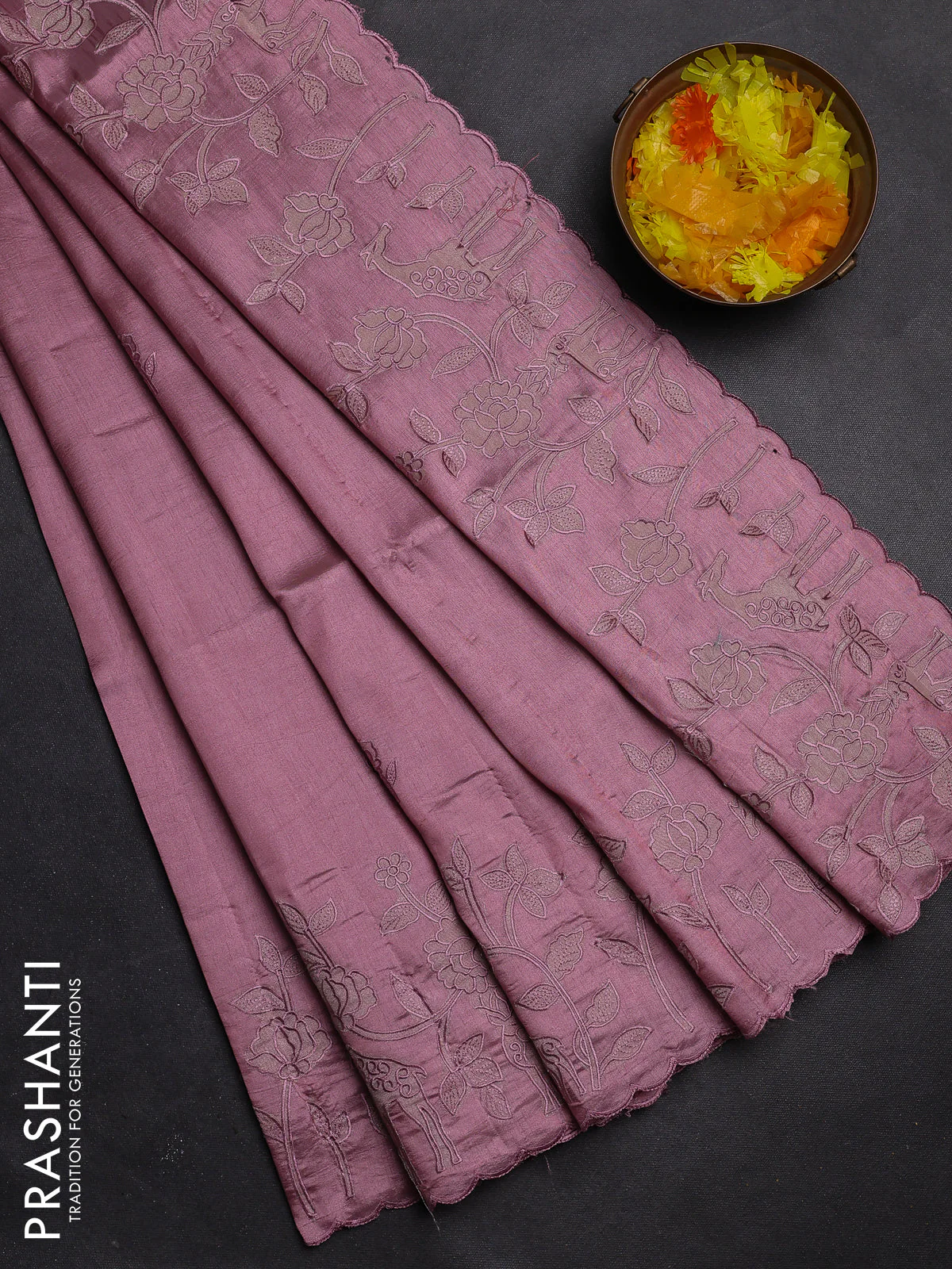 Semi tussar saree pastel pink with floral embroidery work and applique work border
