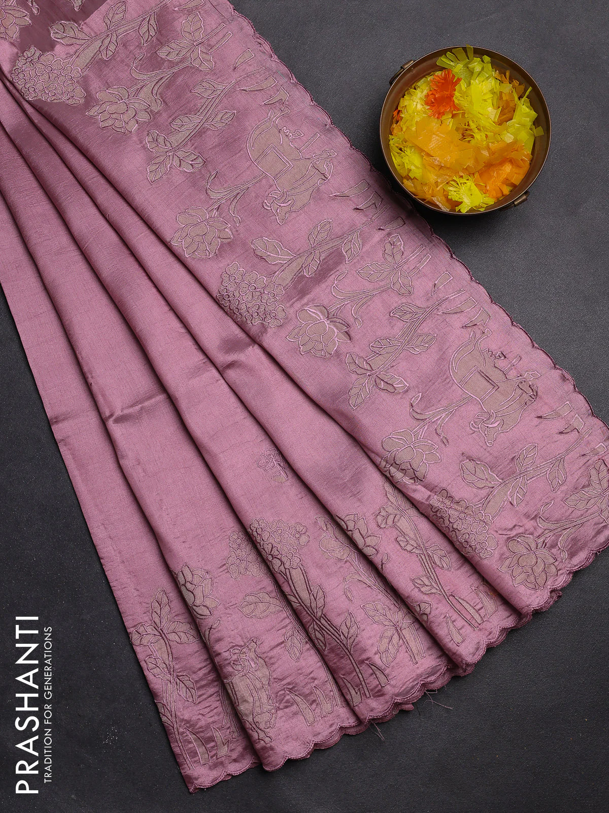 Semi tussar saree pastel pink with floral embroidery work and applique work border