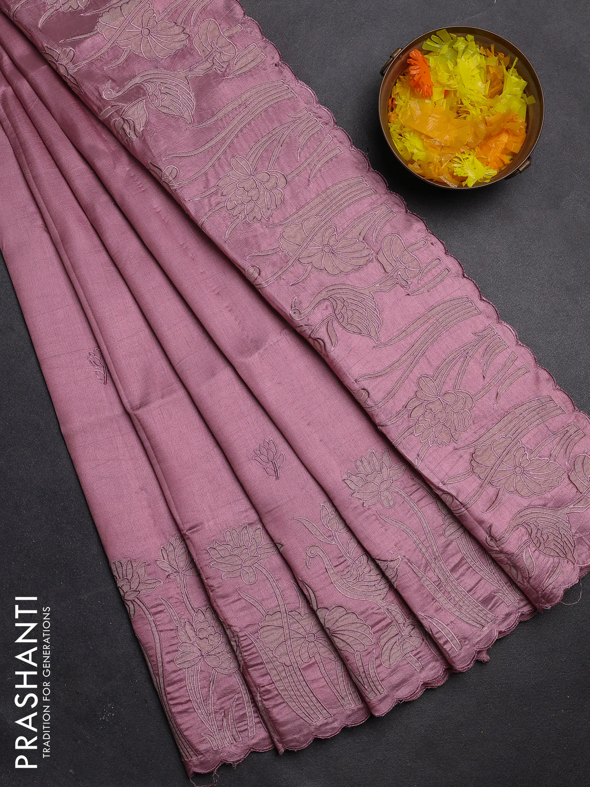 Semi tussar saree pastel pink with floral embroidery work and applique work border