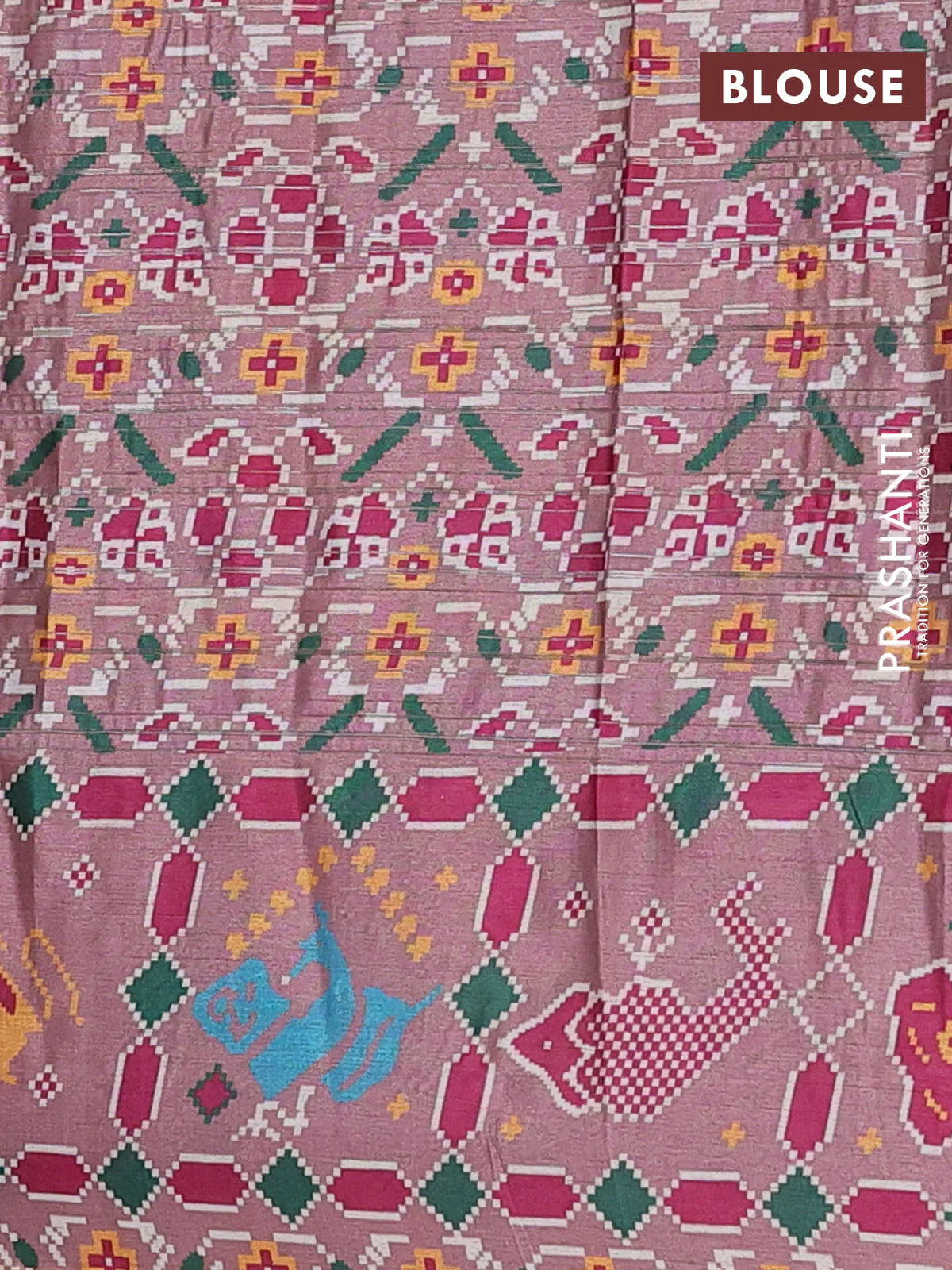 Semi tussar saree pastel pink with leheriya prints and patola printed border - Image 4
