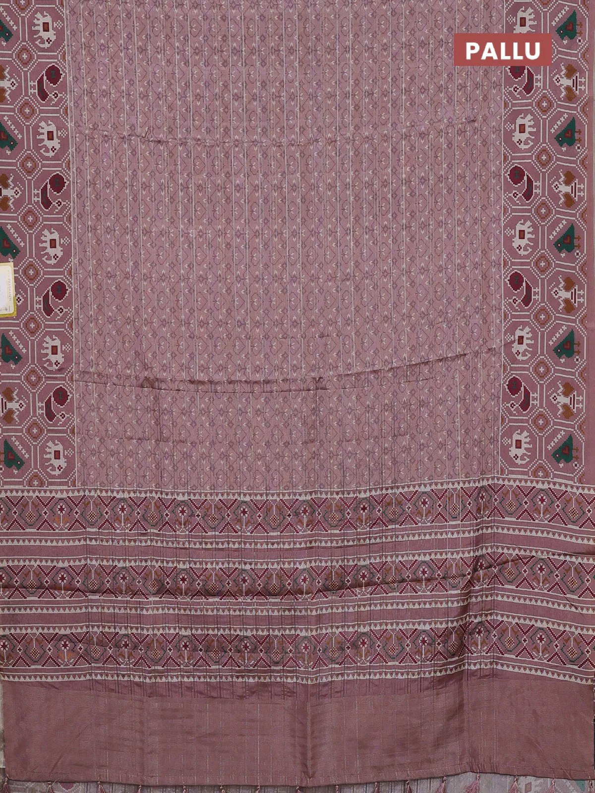 Semi tussar saree pastel pink with zari stripes pattern and patola printed border - Image 3