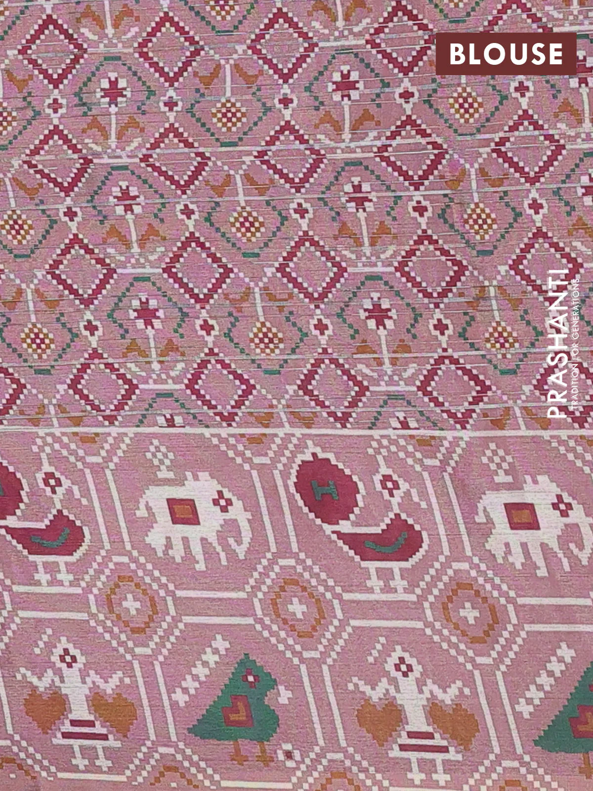 Semi tussar saree pastel pink with zari stripes pattern and patola printed border - Image 4