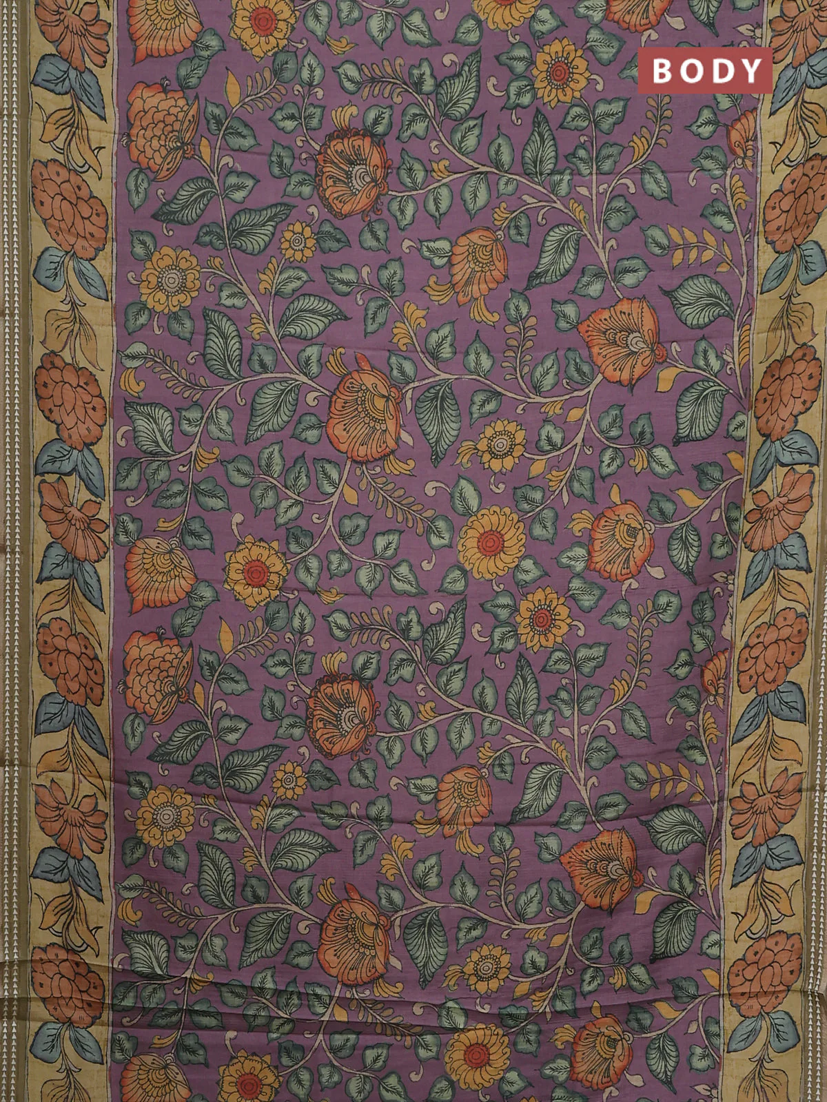 Semi tussar saree pastel purple and yellow shade with allover kalamkari prints and printed border - Image 2