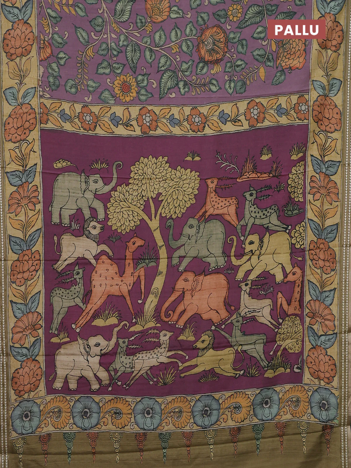 Semi tussar saree pastel purple and yellow shade with allover kalamkari prints and printed border - Image 3