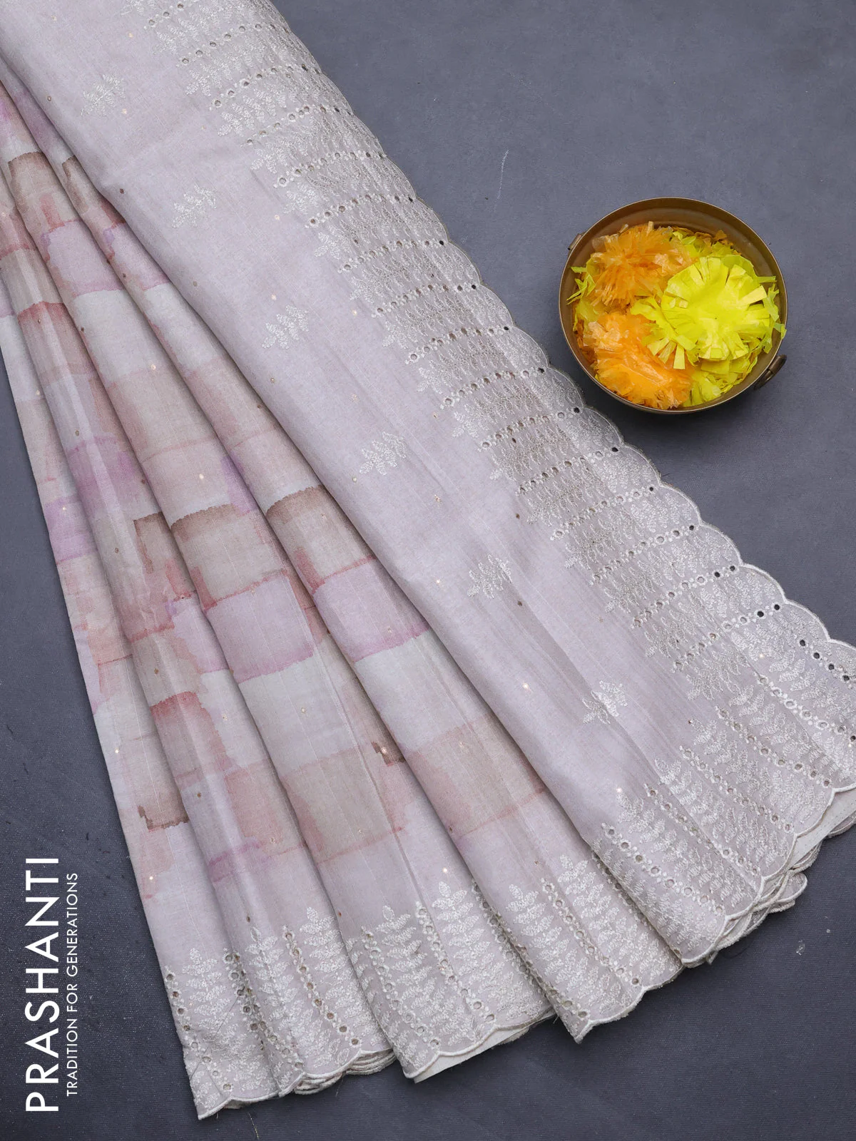 Semi tussar saree pastel shade with allover geometric prints and embroidery cut work border - Image 2