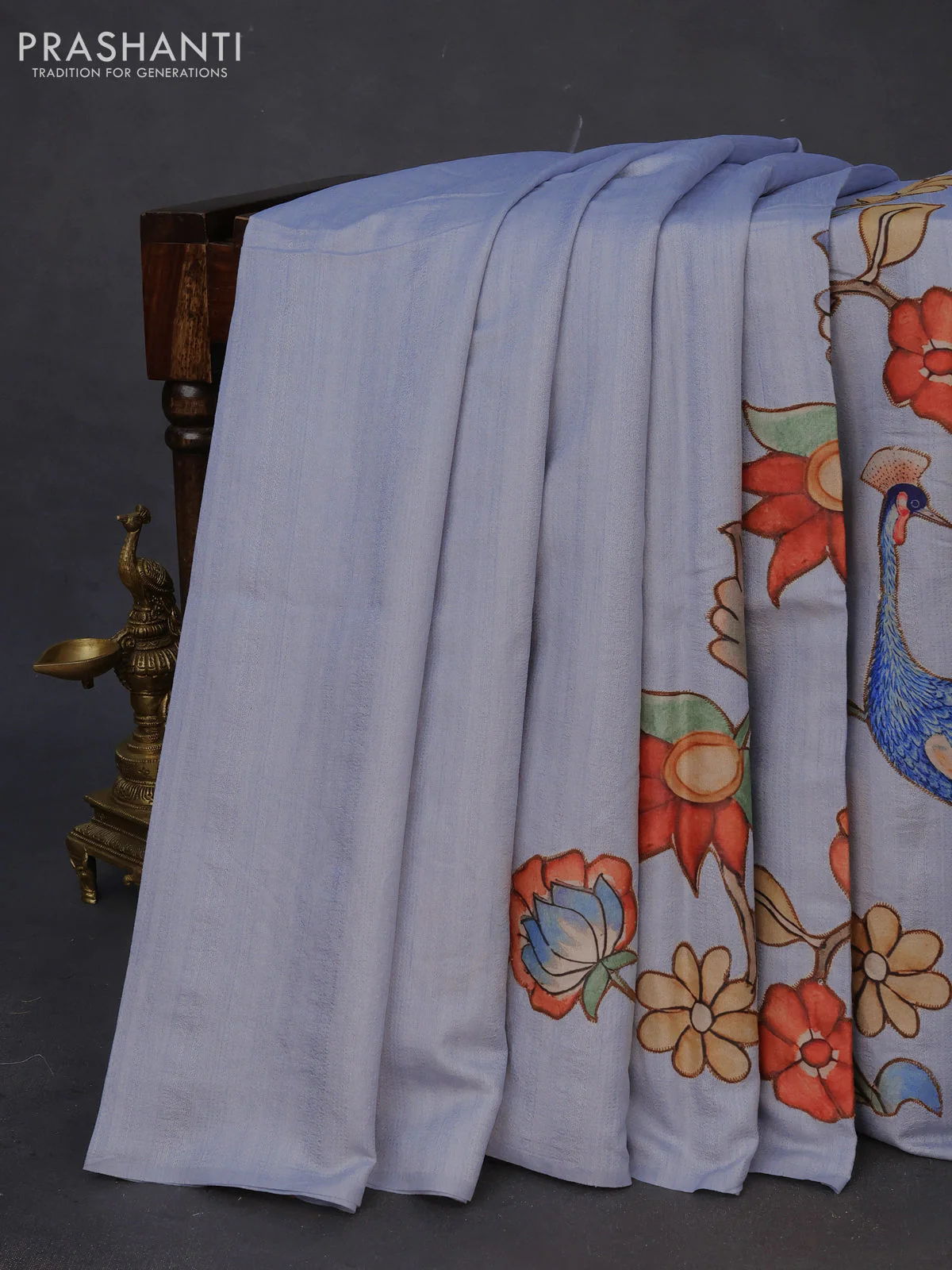 Semi tussar saree pastel shade with allover kalamkari applique work in borderless style - Image 2