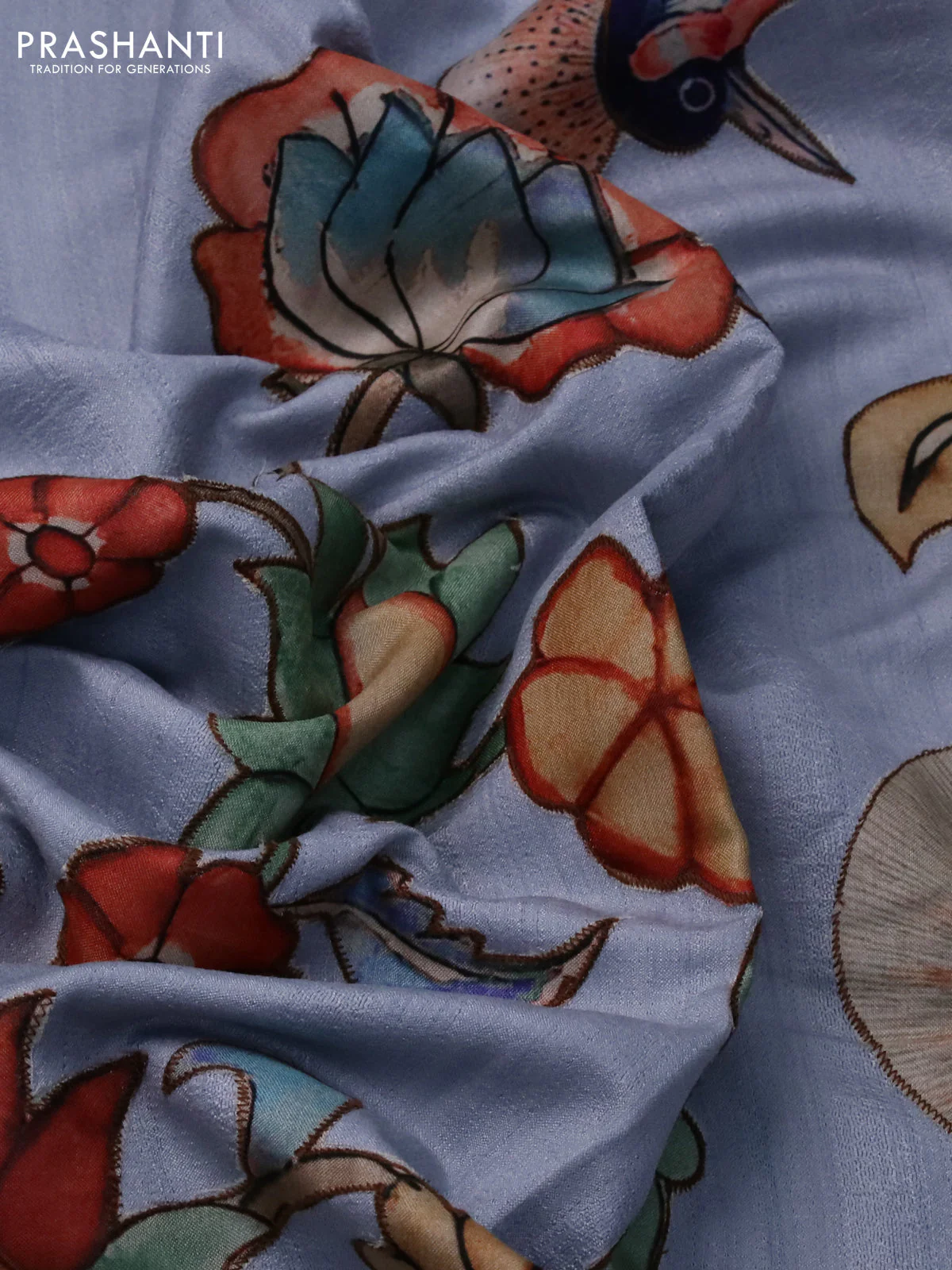 Semi tussar saree pastel shade with allover kalamkari applique work in borderless style - Image 3