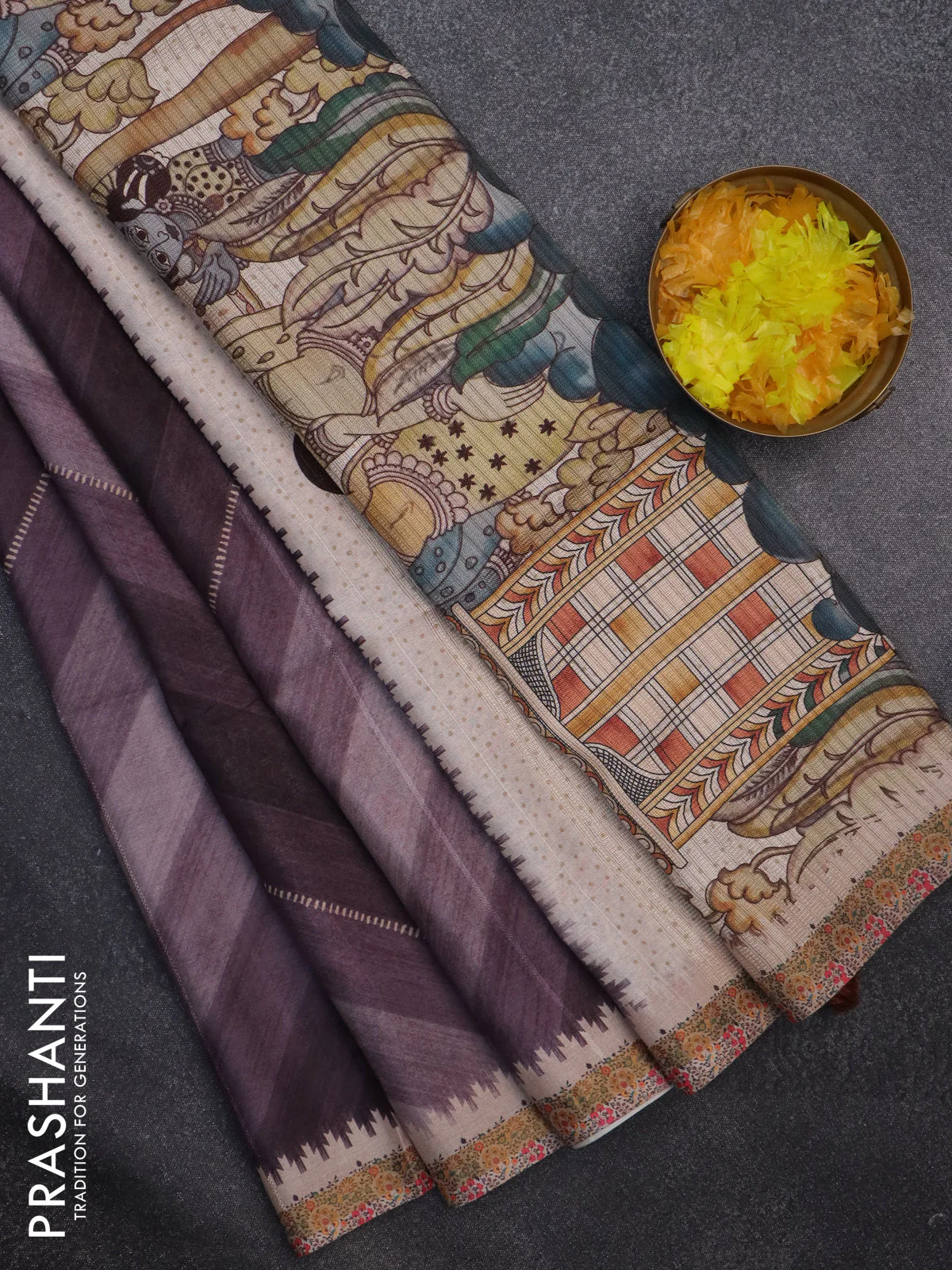 Semi tussar saree pastel wine shade and beige with allover zig zag saree and kalamkari printed pallu - Image 2