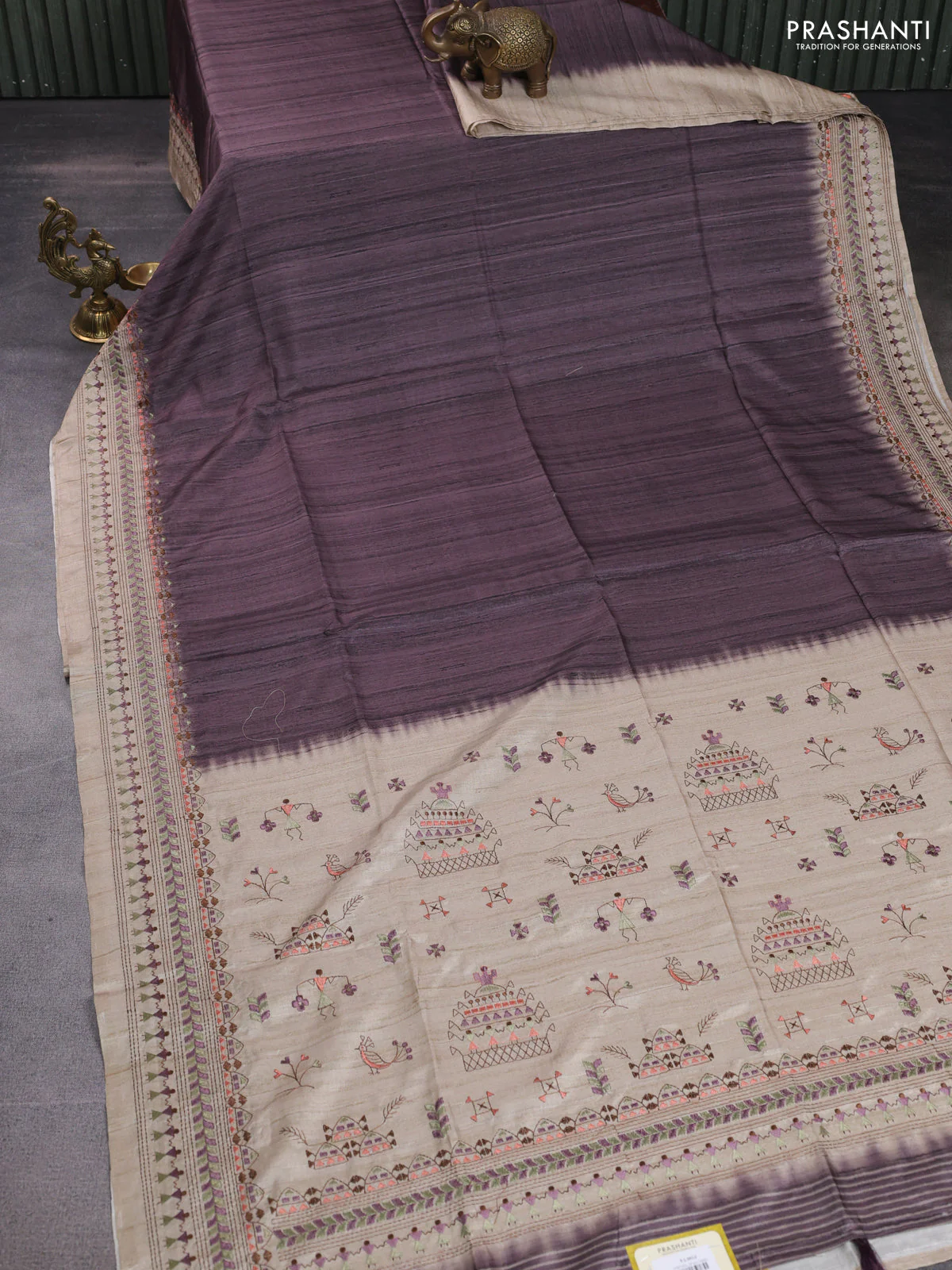 Semi tussar saree pastel wine shade and beige with plain body and embroidery pallu & border - Image 2