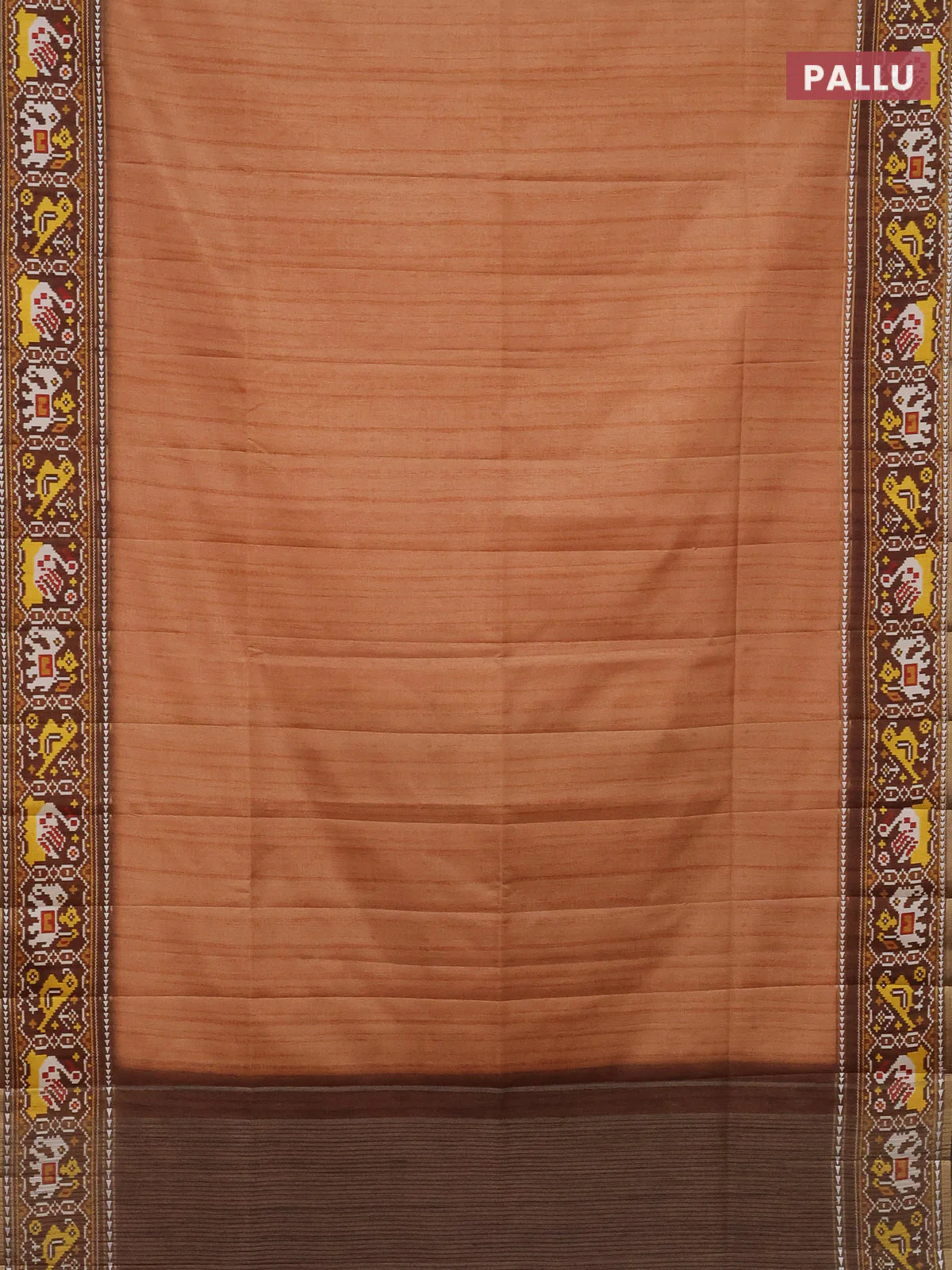 Semi tussar saree peach orange and brown with plain body and patola printed border - Image 3