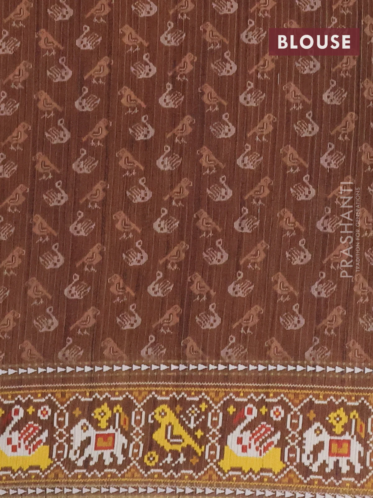 Semi tussar saree peach orange and brown with plain body and patola printed border - Image 4