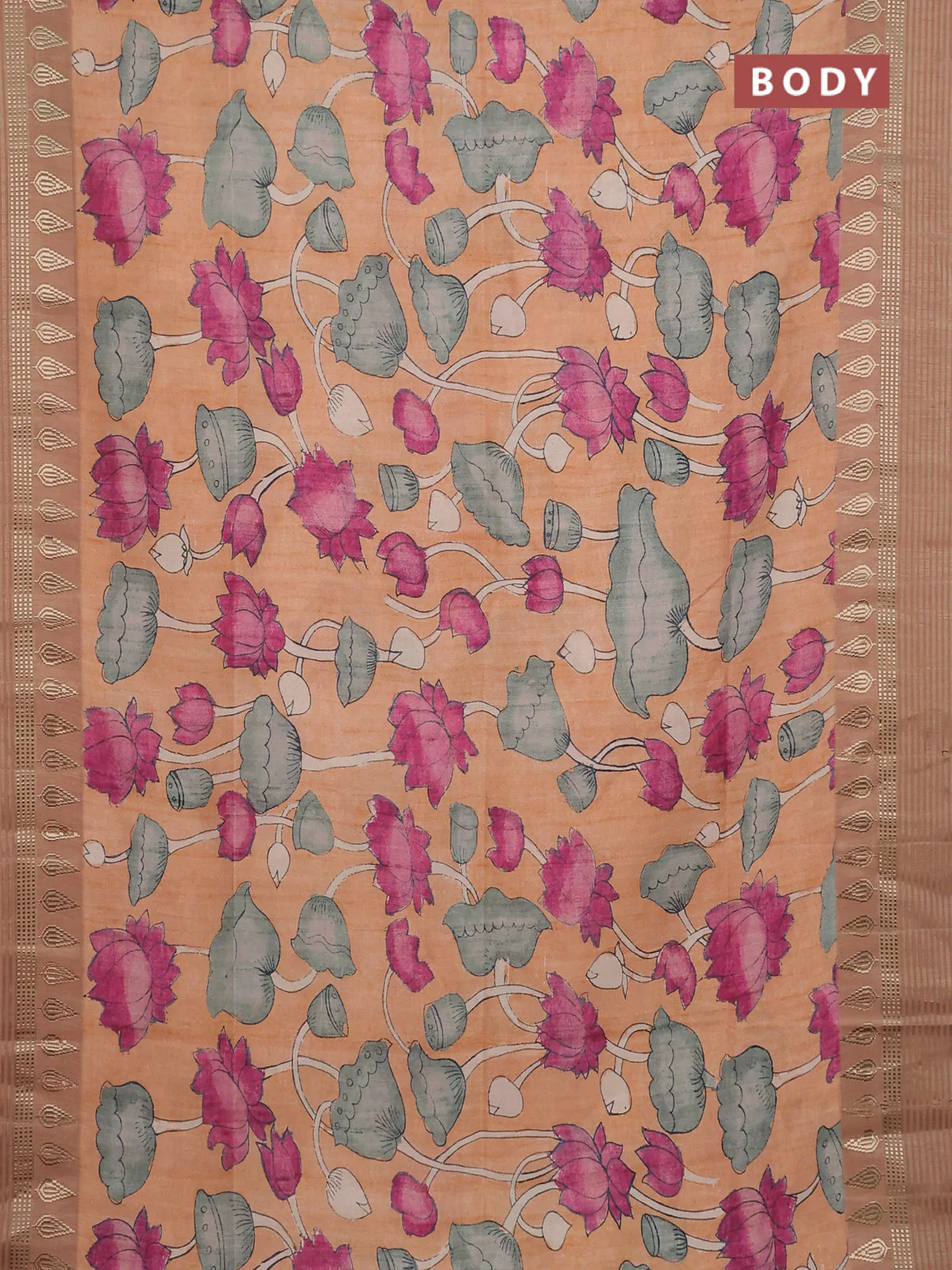 Semi tussar saree peach orange and pastel brown with allover kalamkari prints and zari woven border - Image 2