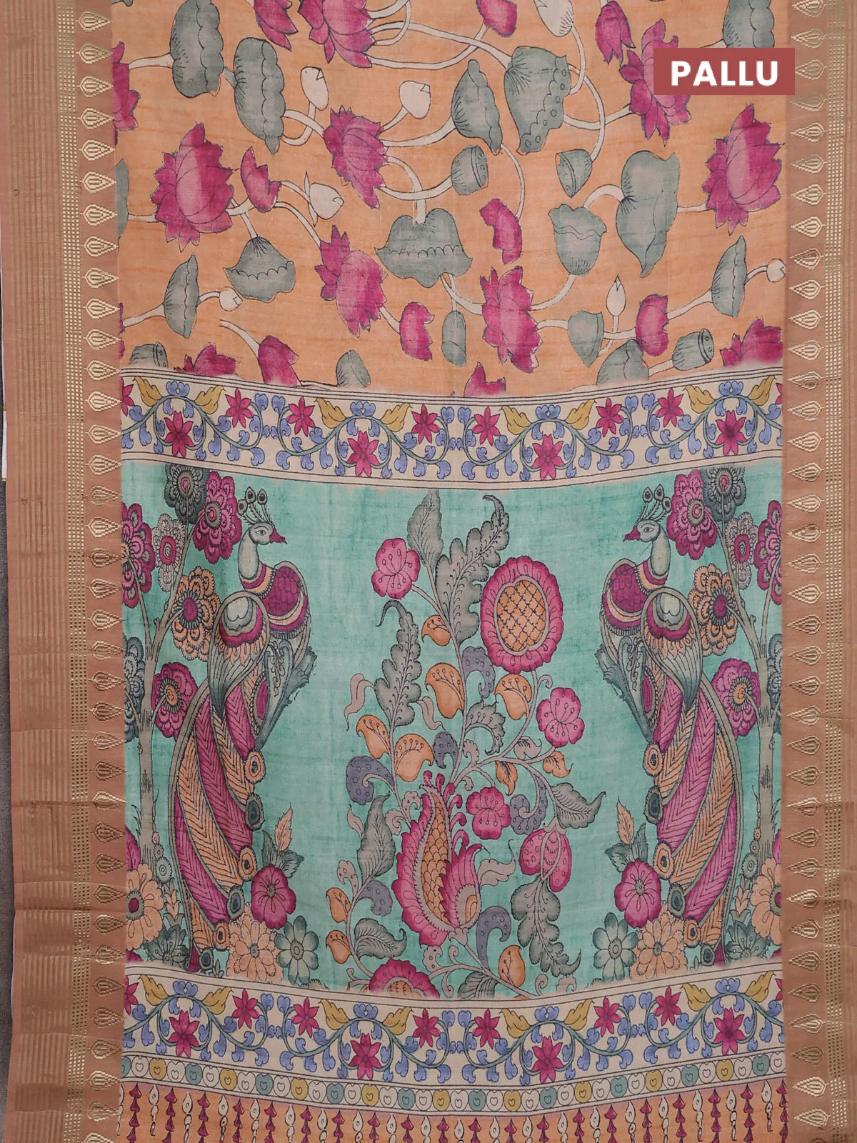 Semi tussar saree peach orange and pastel brown with allover kalamkari prints and zari woven border - Image 3