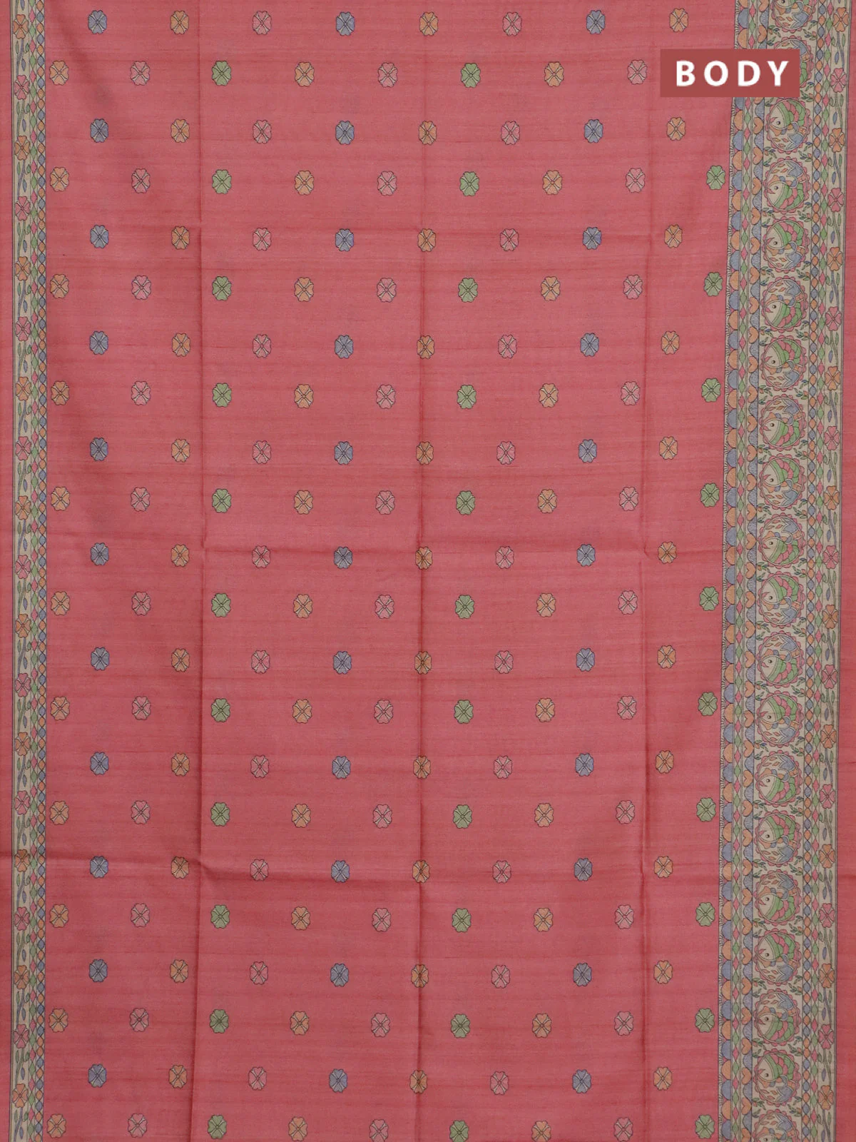 Semi tussar saree peach pink and beige with allover butta prints and madhubani printed pallu & border - Image 2