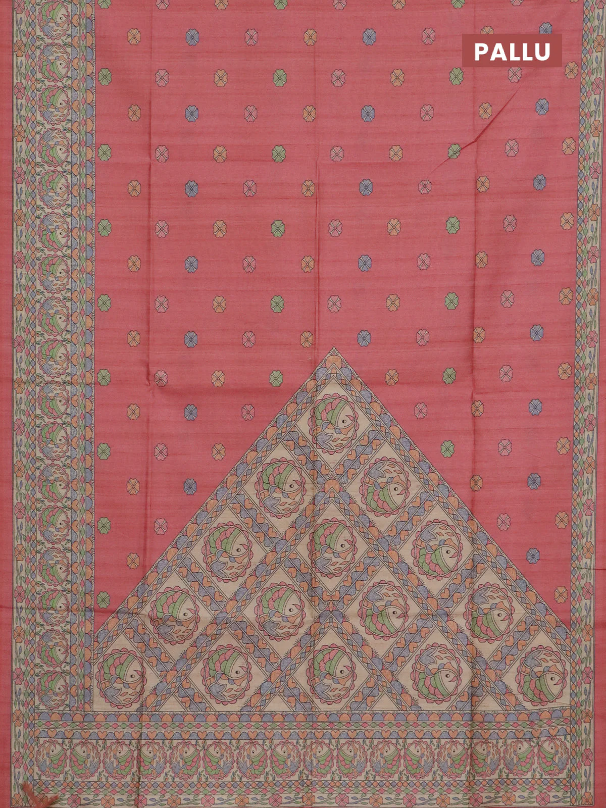 Semi tussar saree peach pink and beige with allover butta prints and madhubani printed pallu & border - Image 3