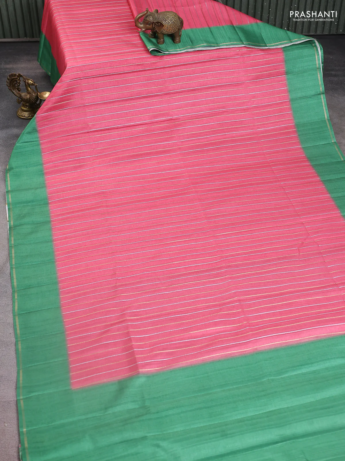 Semi tussar saree peach pink and green with allover silver & gold zari weaves and simple zari border - Image 2