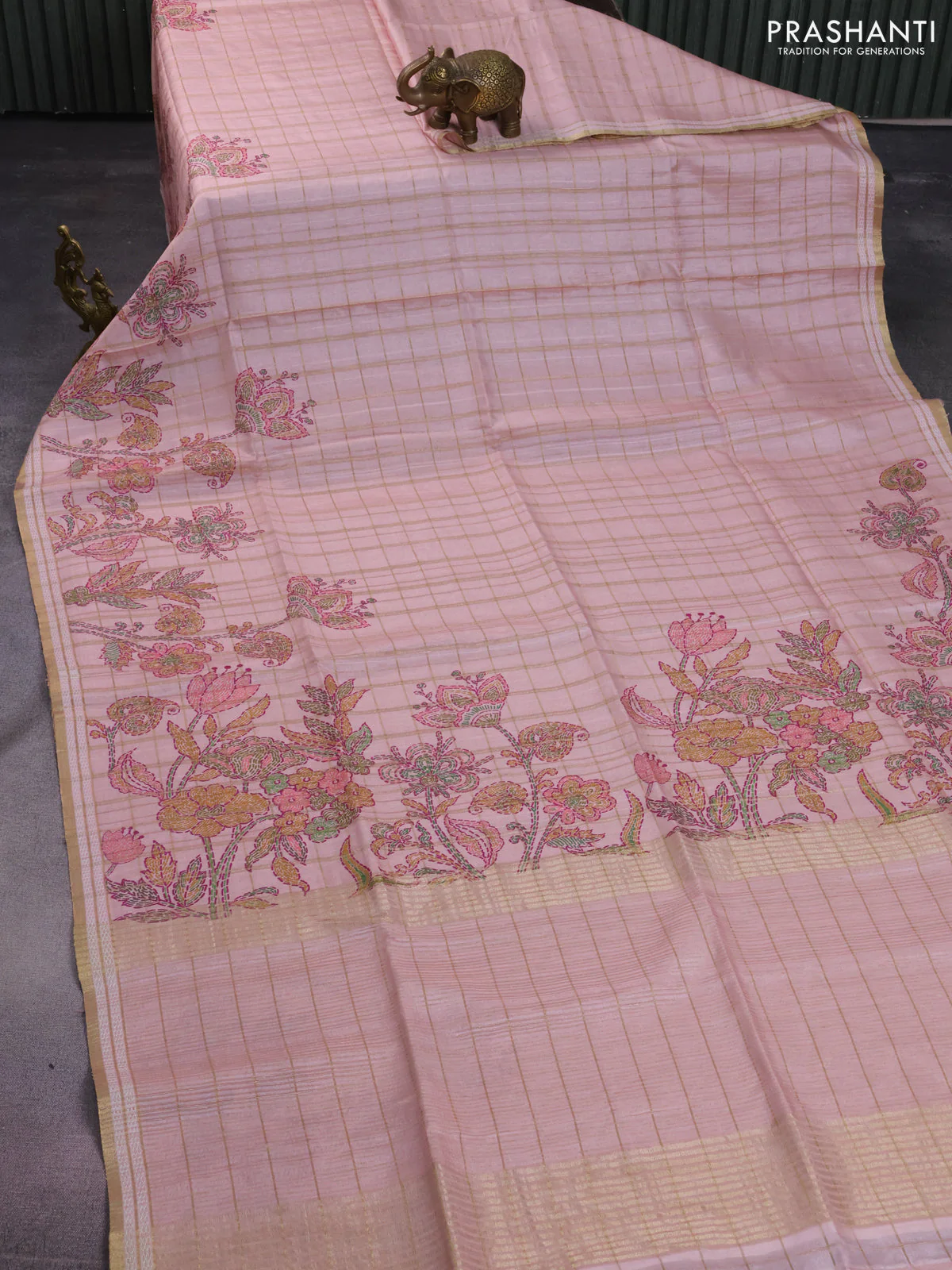 Semi tussar saree peach shade with allover zari checks & digital prints and zari woven border - Image 2