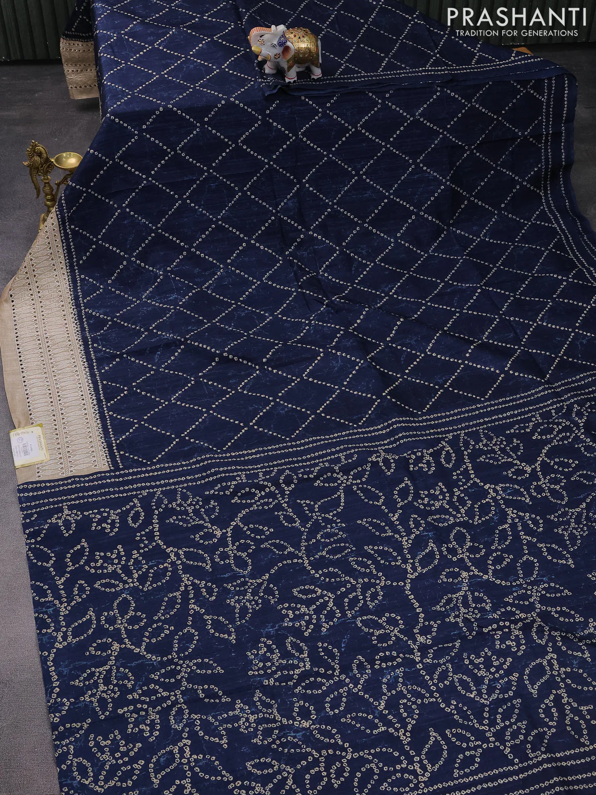 Semi tussar saree peacock blue and beige with allover bandhani prints and embroidery cut work border - Image 2