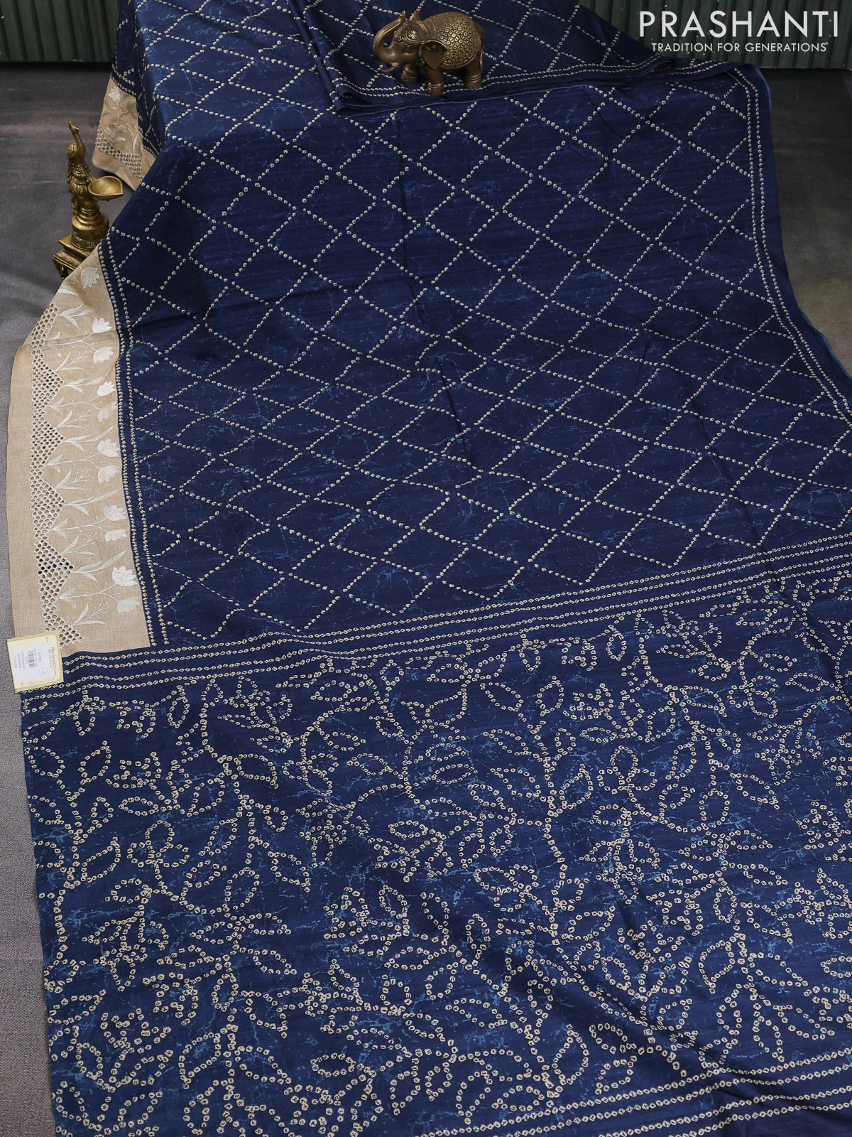 Semi tussar saree peacock blue and beige with allover bandhani prints and embroidery cut work border - Image 2
