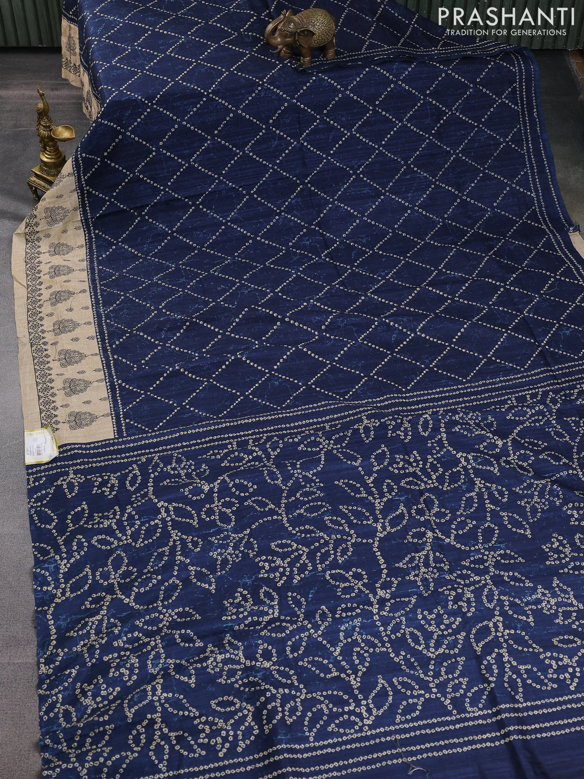 Semi tussar saree peacock blue and beige with allover bandhani prints and embroidery work border - Image 2