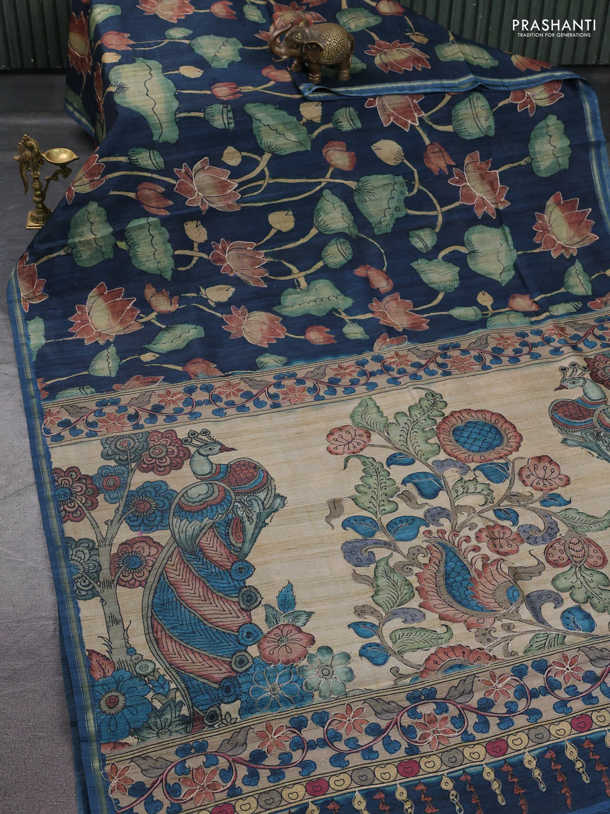 Semi tussar saree peacock blue and beige with allover kalamkari prints and embroidered pallu - Image 2