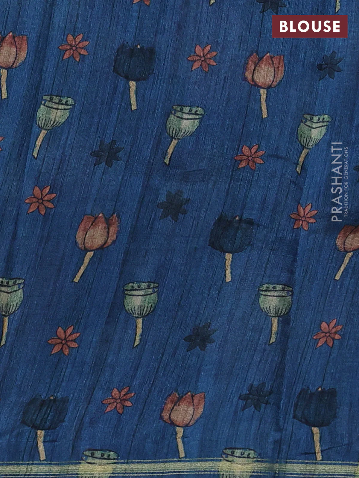 Semi tussar saree peacock blue and beige with allover kalamkari prints and embroidered pallu - Image 3