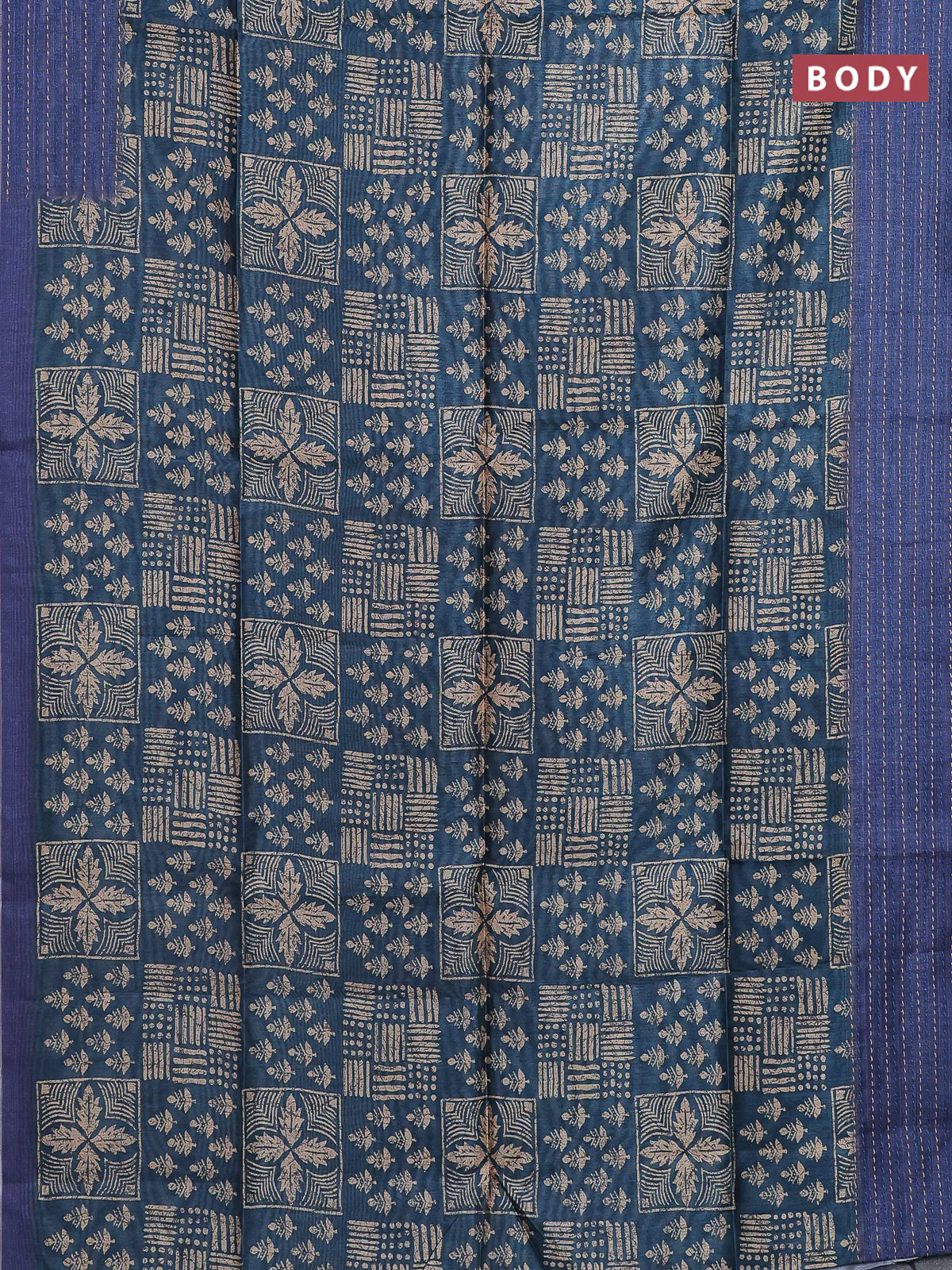 Semi tussar saree peacock blue and blue with allover batik prints and katha stitch work pallu & border - Image 2